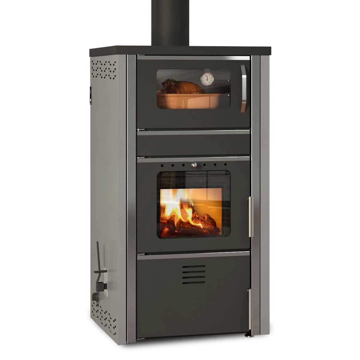 Termosemineu FORNELLO AVANOS 32 Grey pe combustibil solid  ( lemn,carbune,bricheti ) ce se poate utiliza atat pentru incalzirea  locuintelor, cat si pentru gatit (este prevazuta cu plita si cuptor) si este echipat cu pompa de circulatie