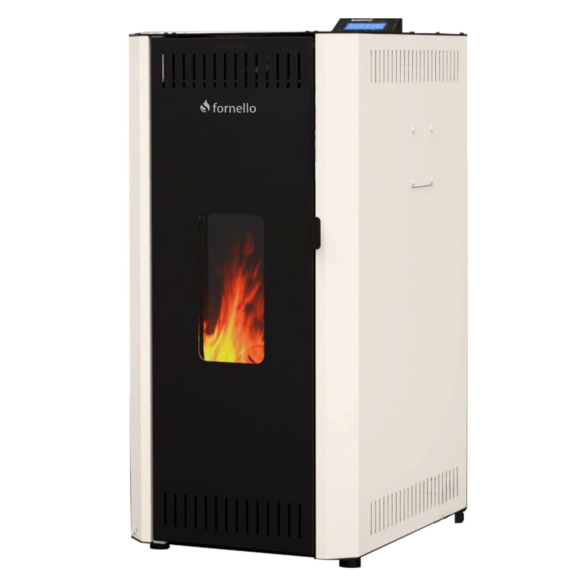 Termosemineu pe peleti Fornello CALORE COMPACT 25 kW, pompa electronica, vas expansiune, arzator inox, grup de siguranta, sistem de curatare MECANICA a creuzetului si drumurilor de fum, culoare alb
