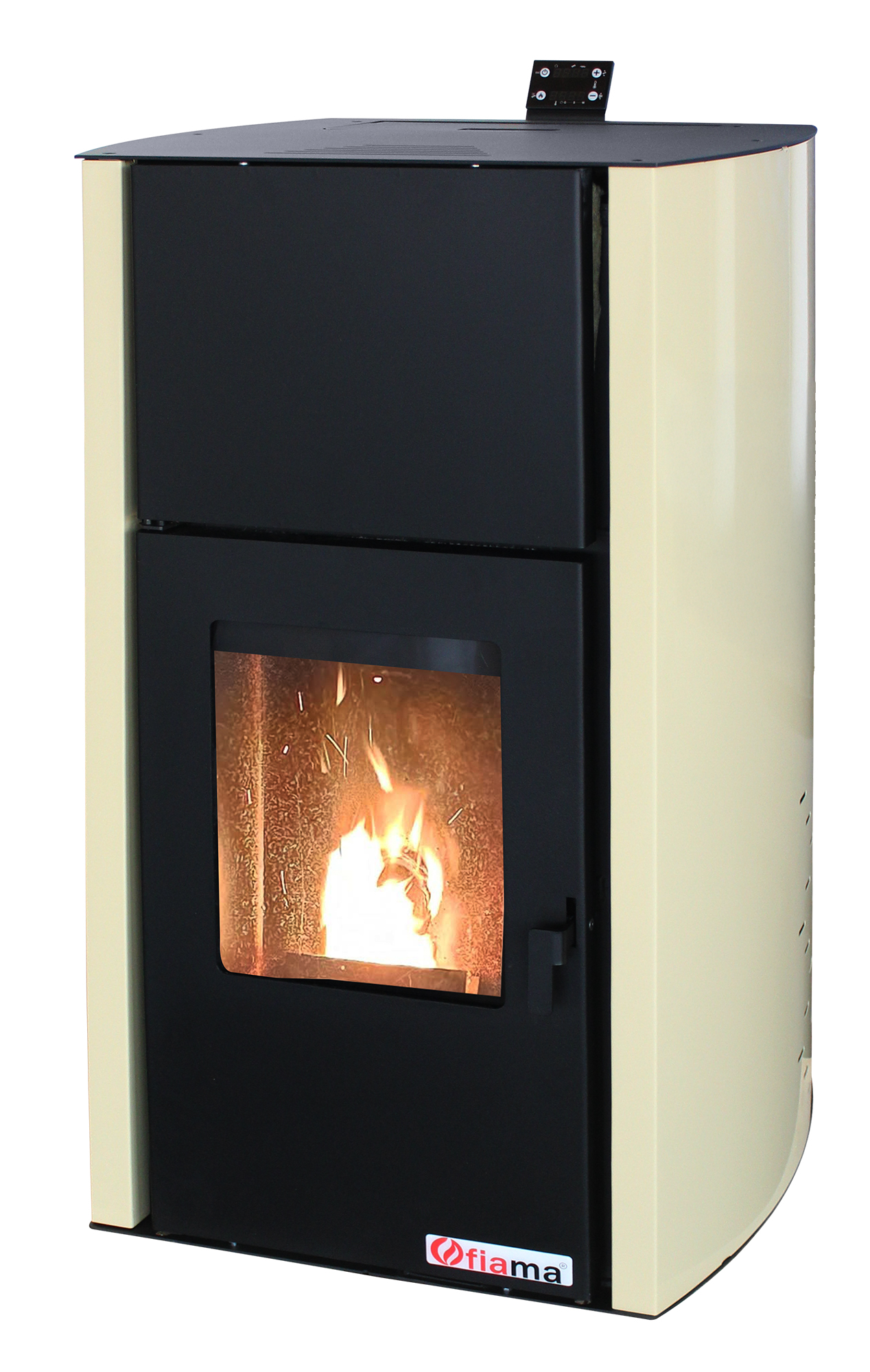 Termosemineu pe peleti Fiama Confort 18 kw, complet echipat pentru incalzire, pompa, vas expansiune, automatizare, telecomanda, buncar peleti 15 kg,  tiraj fortat, culoare Crem, aprindere automata, pana la 120 mp