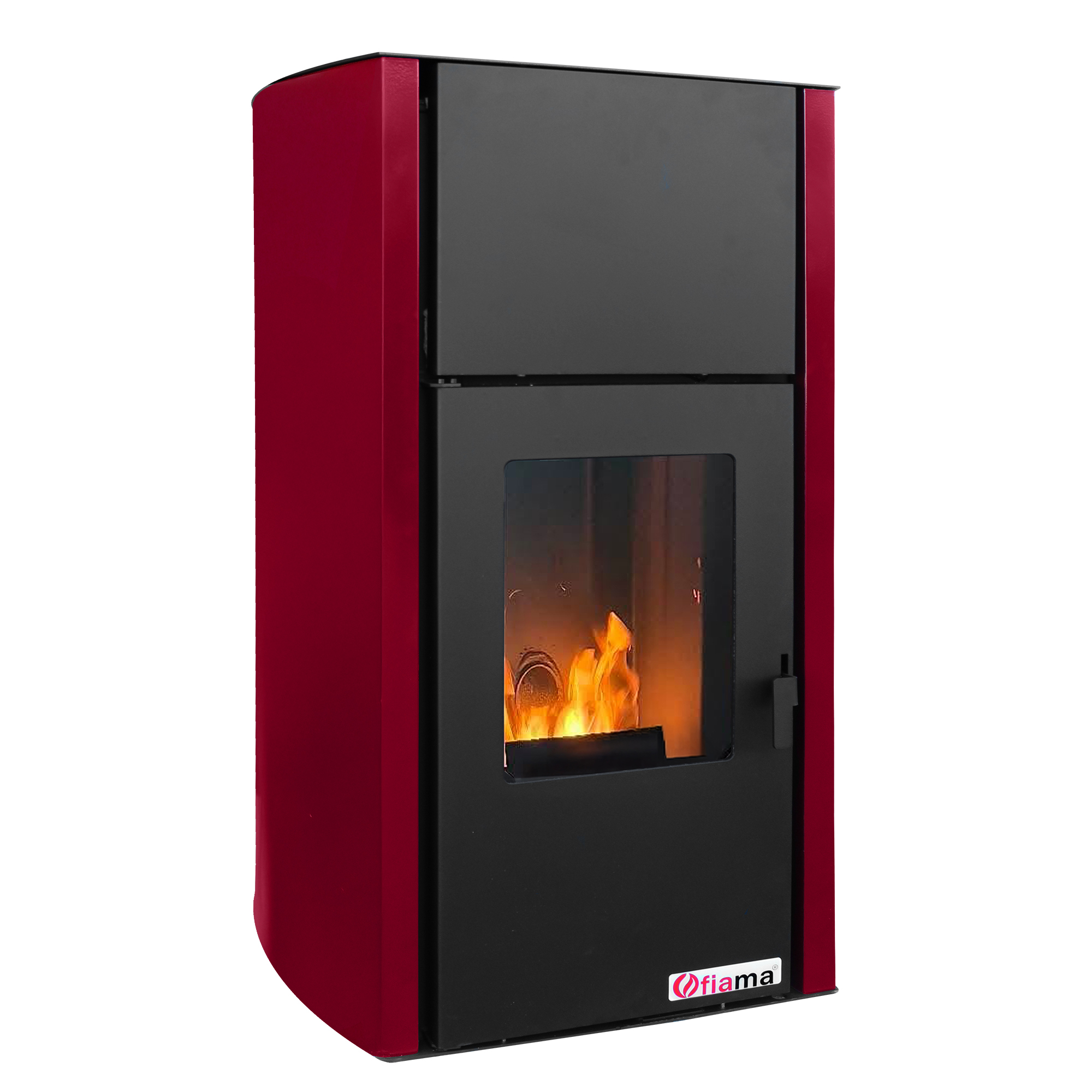 Termosemineu pe peleti Fiama Confort 25 kw, complet echipat pentru incalzire, pompa, vas expansiune, automatizare, buncar peleti 25 kg,  tiraj fortat, culoare Bordeaux, aprindere automata, pana la 160 mp