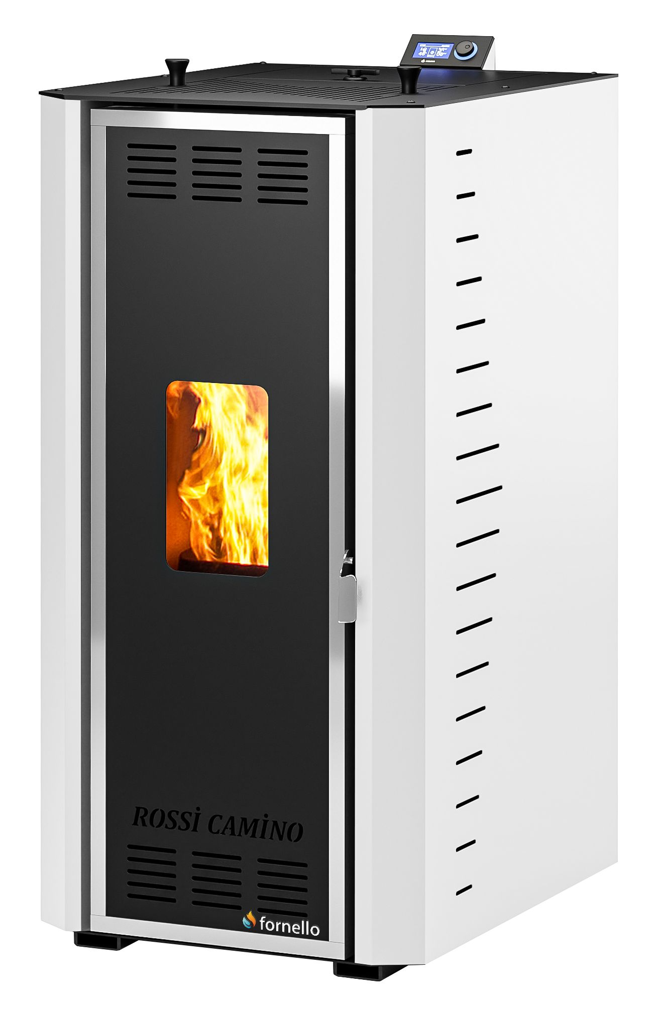 Termosemineu pe peleti Fornello Camino Rossi 25 kW, pompa Grundfos, vas expansiune, arzator inox