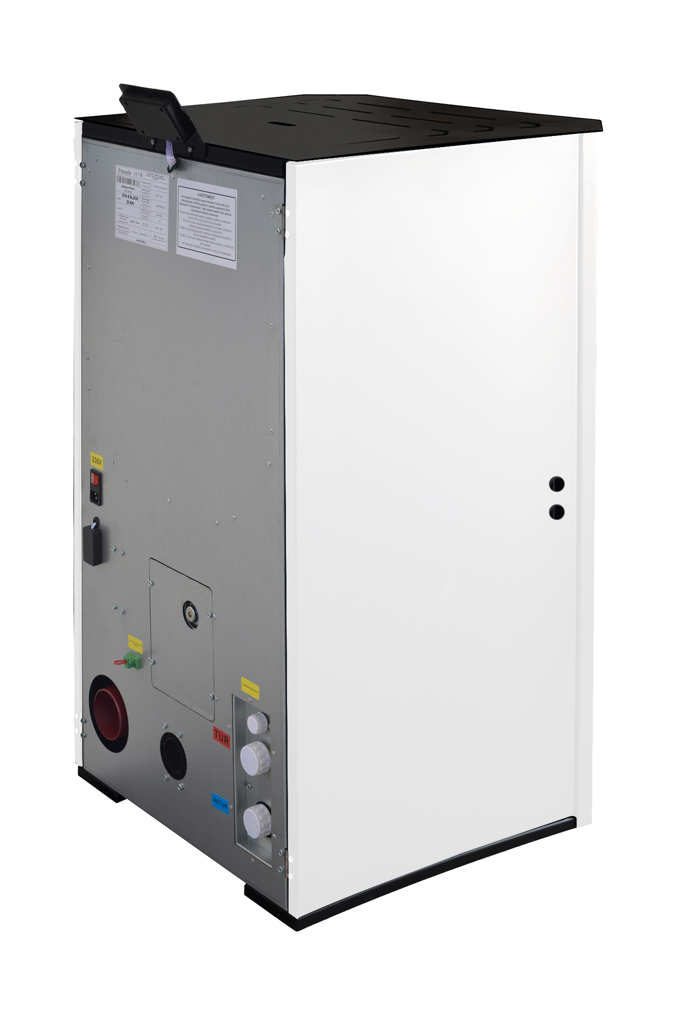 Pachet Termosemineu pe peleti Fornello EVA 30 KW pompa circulatie vas expansiune Grup siguranta WI-FI buncar tiraj fortat kit evacuare termostat Salus 091FLRFV2 aspirator Clasa A++ recomanda