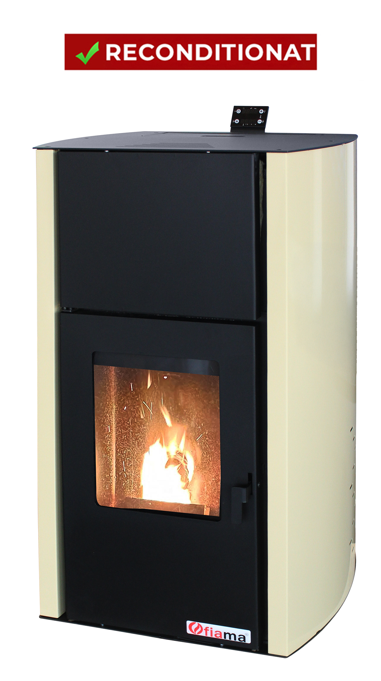 PRODUS RECONDITIONAT IN PERFECTA STARE DE FUNCTIONARE 10012 !!! Termosemineu pe peleti Fornello Fiama Confort 12 kw complet echipat pentru incalzire pompa vas expansiune automatizare buncar peleti 12 kg  tiraj fortat culoare Crem aprindere a