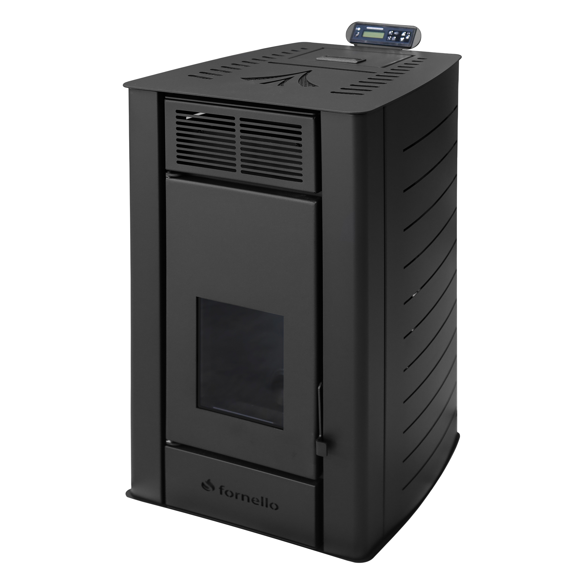 Termosemineu pe peleti Fornello SERENA 25 kw culoare black complet echipat cu pompa de circulatie vas de expansiune supapa siguranta telecomanda modul WI-FI integrat arzator peleti din fonta curatare facila a drumurilor de fum pana la 150 mp