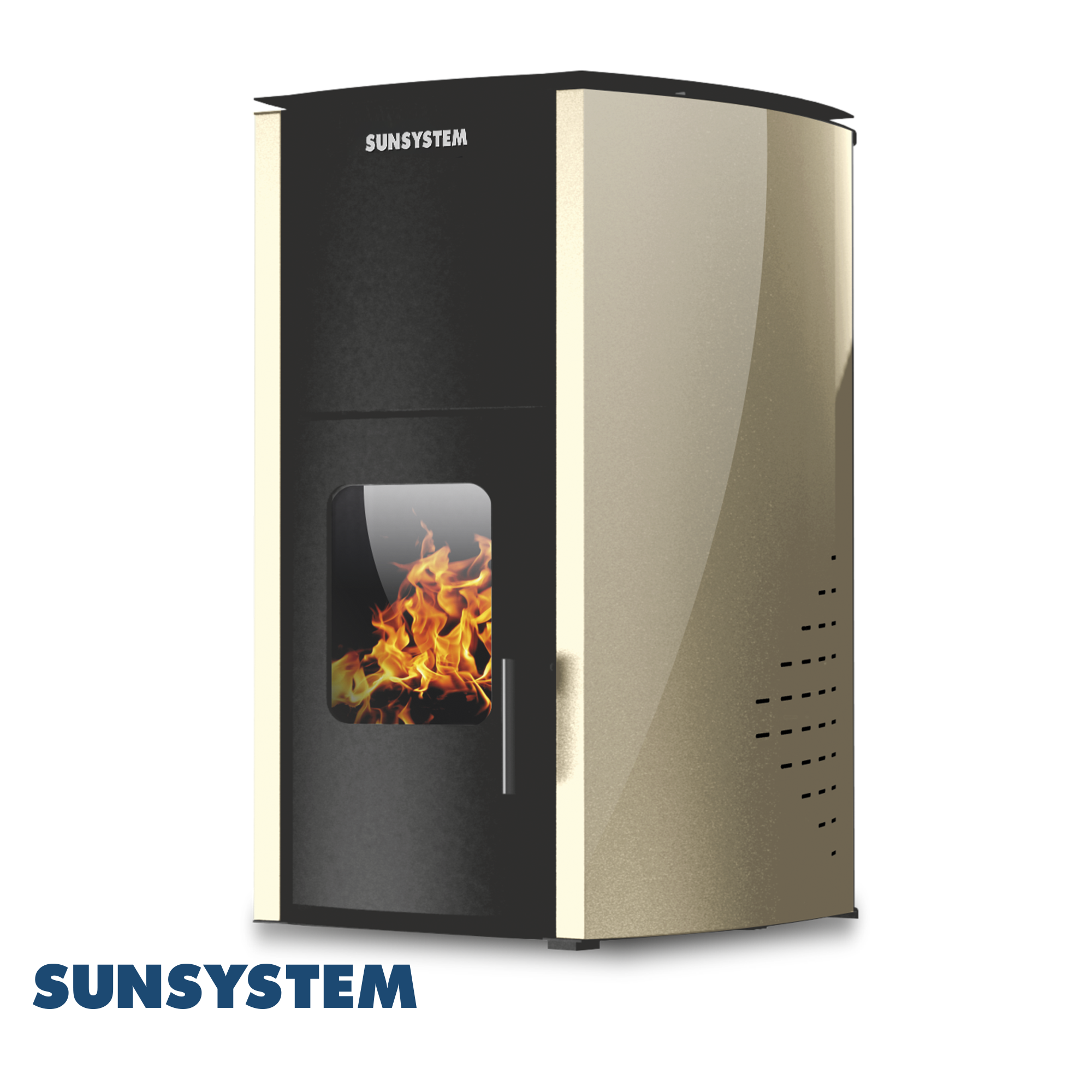 Termosemineu pe peleti SUNSYSTEM Comfort 25 kw complet echipat pentru incalzire pompa vas expansiune automatizare buncar peleti 25 kg  tiraj fortat culoare Crem aprindere automata pana la 150 mp