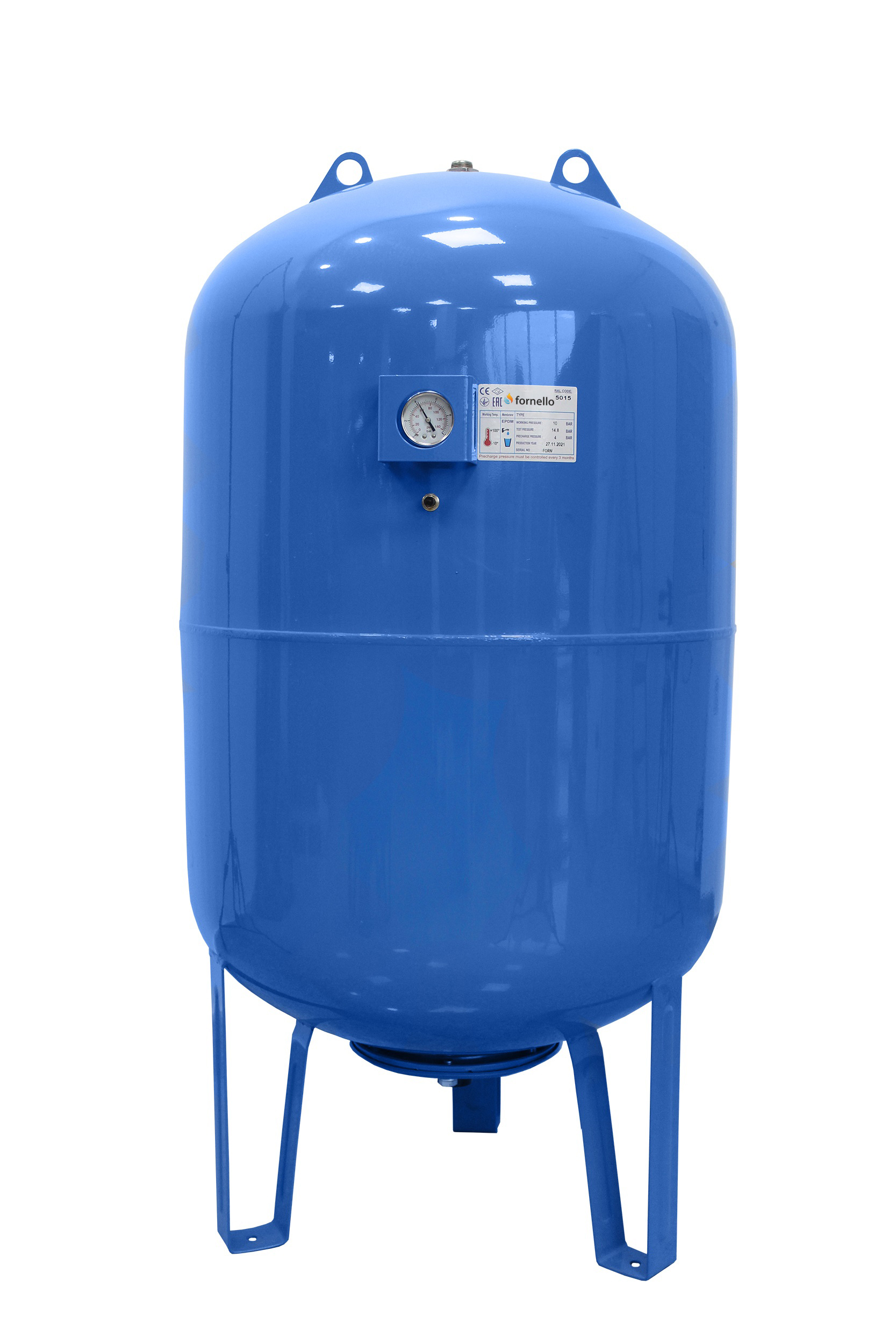 Vas expansiune pentru hidrofor Fornello 200 litri, vertical, cu picioare si manometru, culoare albastru, presiune maxima 10 bar, membrana EPDM
