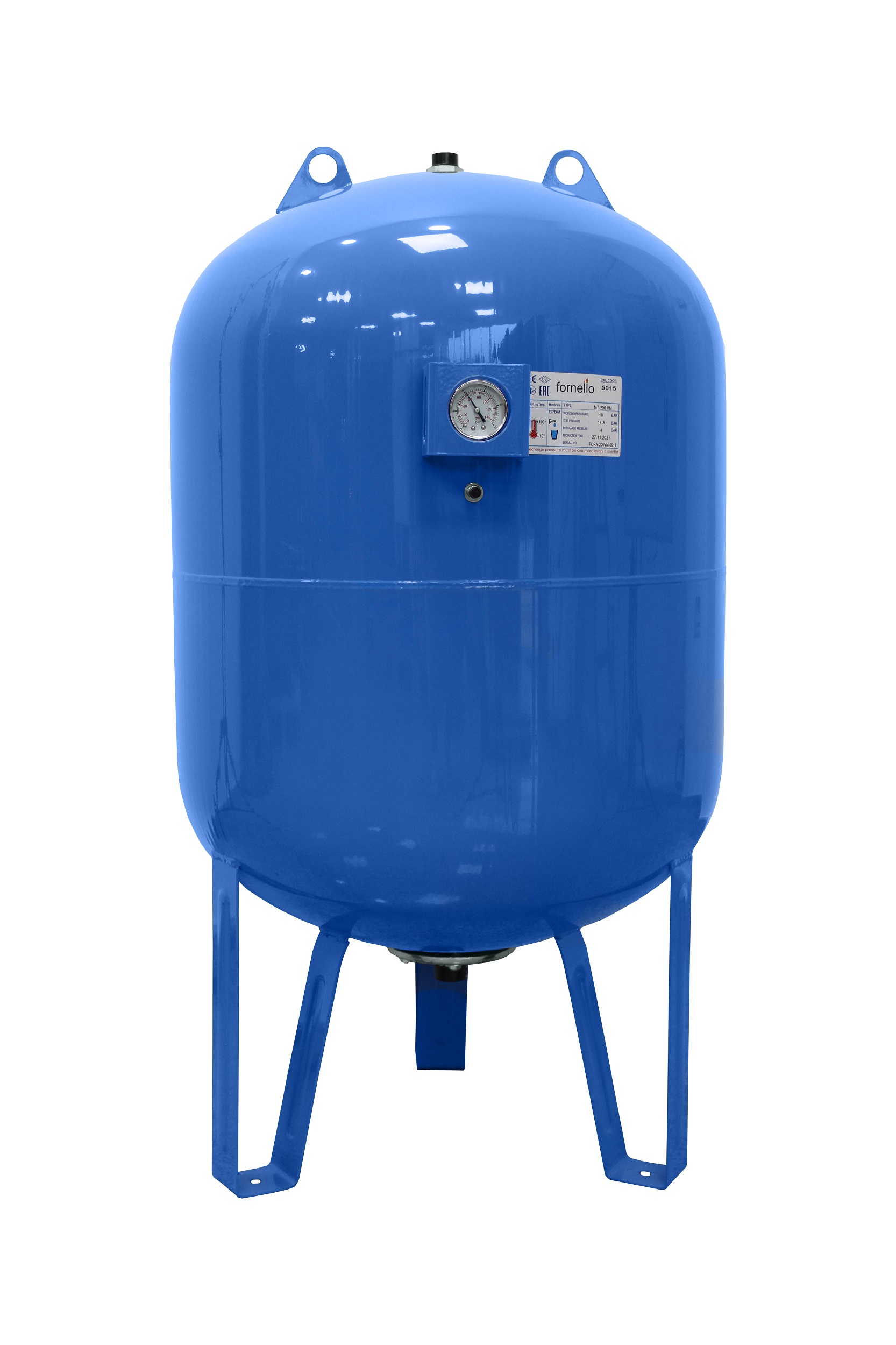 Vas expansiune pentru hidrofor Fornello 200 litri, vertical, cu picioare si manometru, culoare albastru, presiune maxima 10 bar, membrana EPDM 200