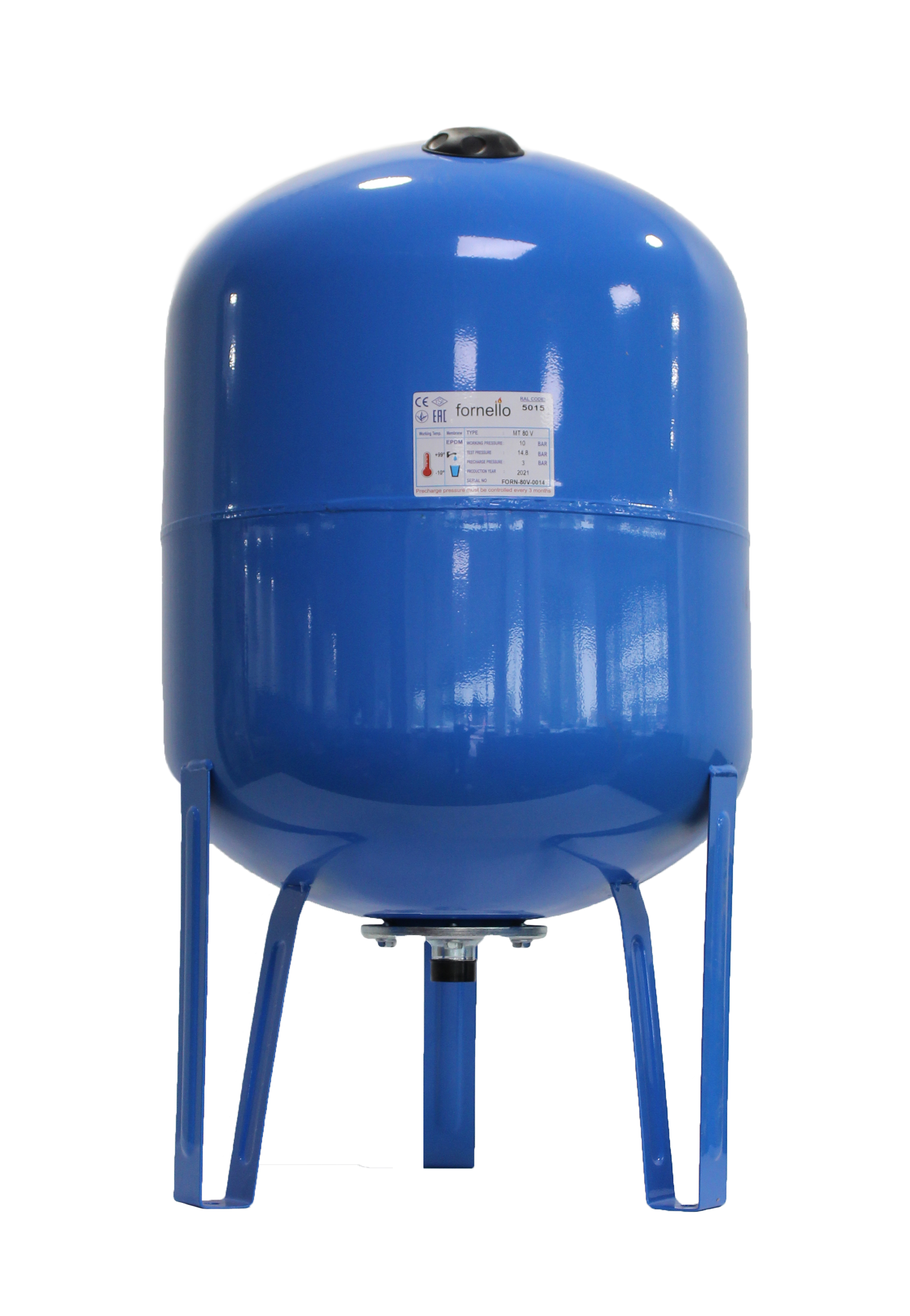 Vas expansiune pentru hidrofor Fornello 80 litri, vertical, cu picioare, culoare albastru, presiune maxima 10 bar, membrana EPDM albastru