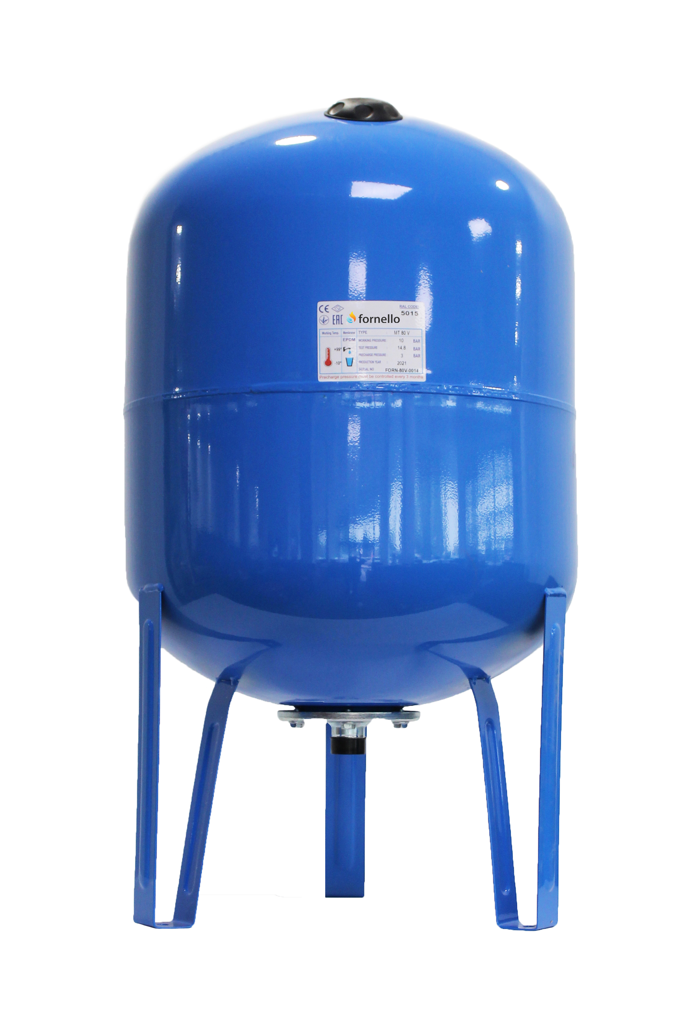 Vas expansiune pentru hidrofor Fornello 80 litri, vertical, cu picioare, culoare albastru, presiune maxima 10 bar, membrana EPDM