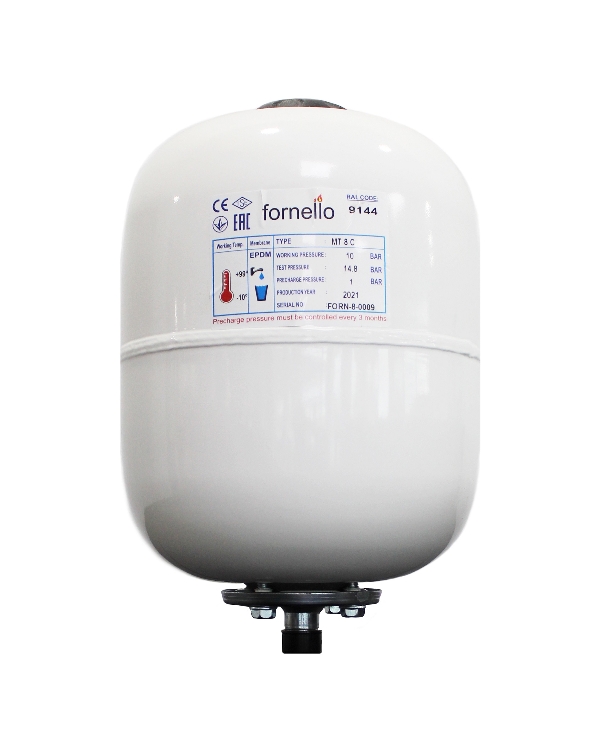 Vas expansiune sanitar Fornello 8 litri, vertical culoare alb, presiune maxima 10 bar, membrana EPDM alb