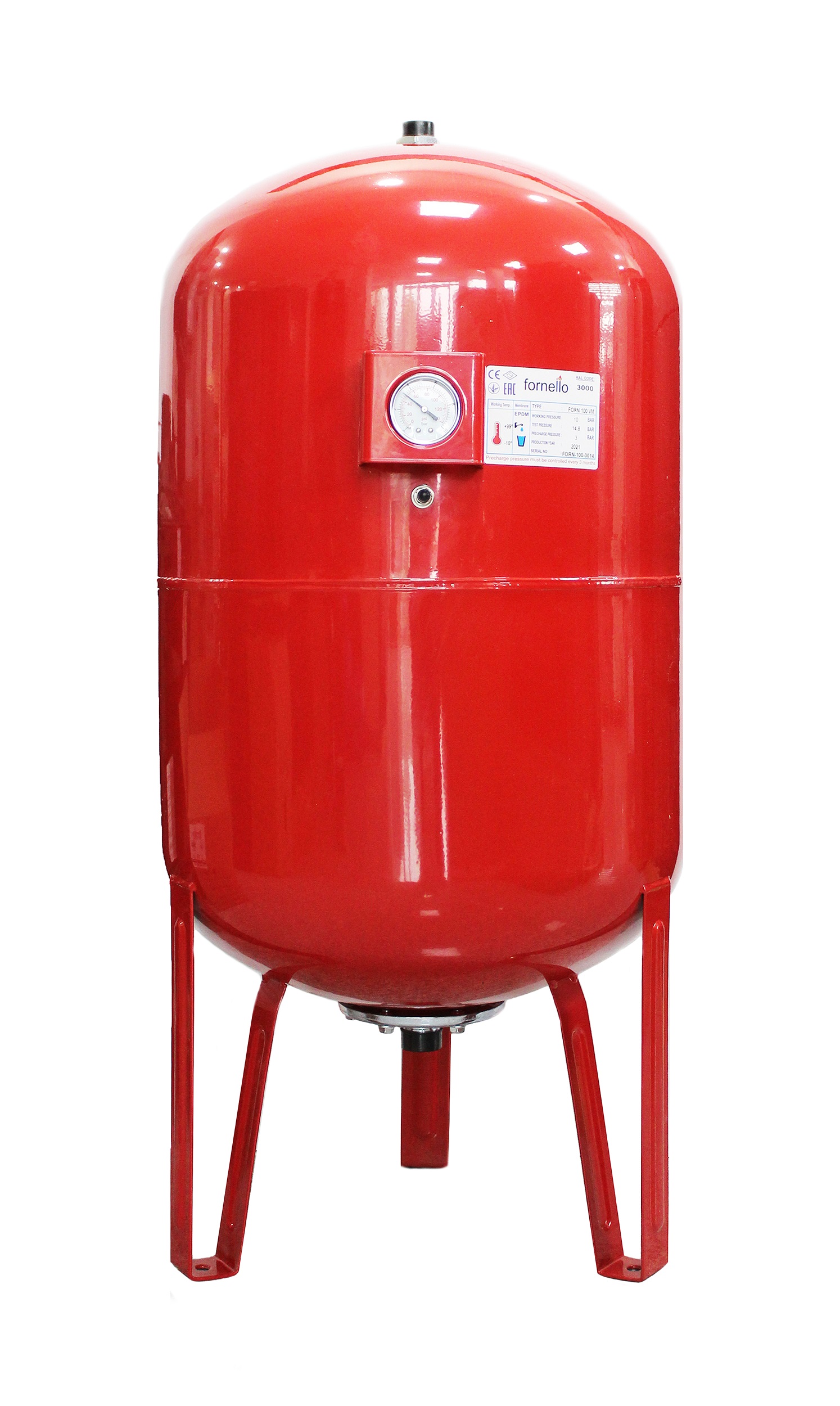 Vas expansiune termic Fornello 100 litri, vertical, cu picioare si manometru, culoare rosu, presiune maxima 10 bar, membrana EPDM 100 imagine noua