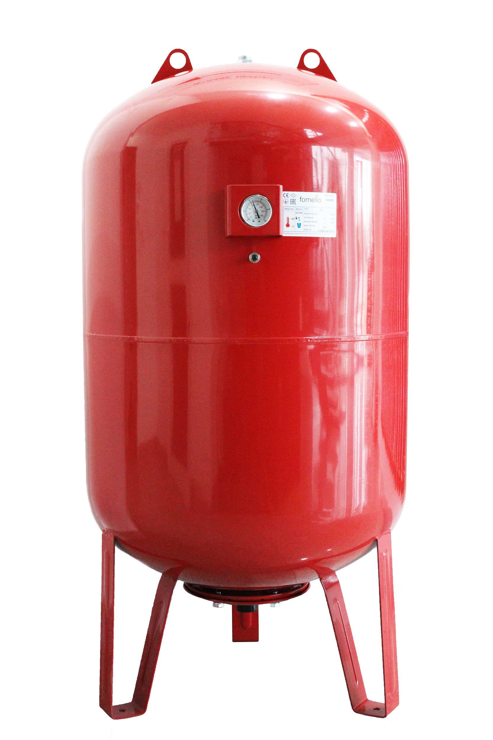 Vas expansiune termic Fornello 150 litri, vertical, cu picioare si manometru, culoare rosu, presiune maxima 10 bar, membrana EPDM 150