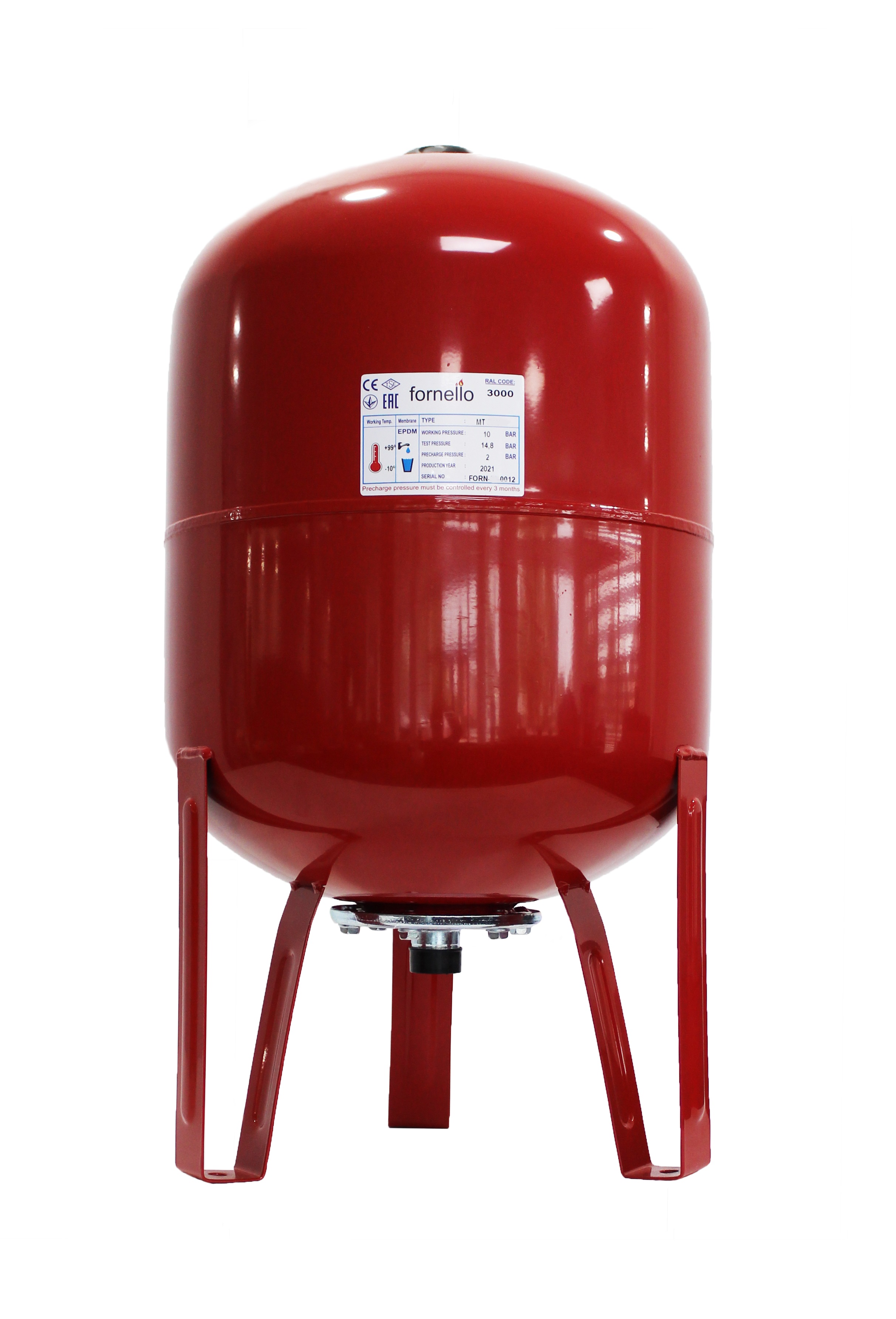 Vas expansiune termic Fornello 80 litri, vertical, cu picioare, culoare rosu, presiune maxima 10 bar, membrana EPDM bar