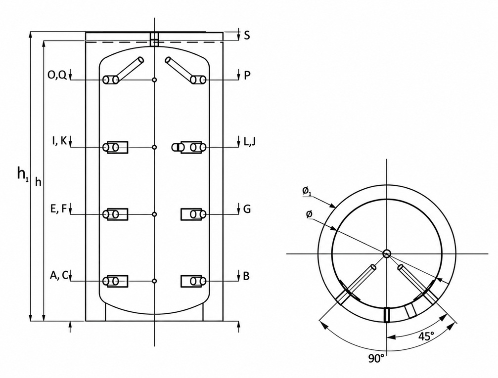 Schita dimensionala si pozitionarea racordurilor pufferului SUNSYSTEM PBM