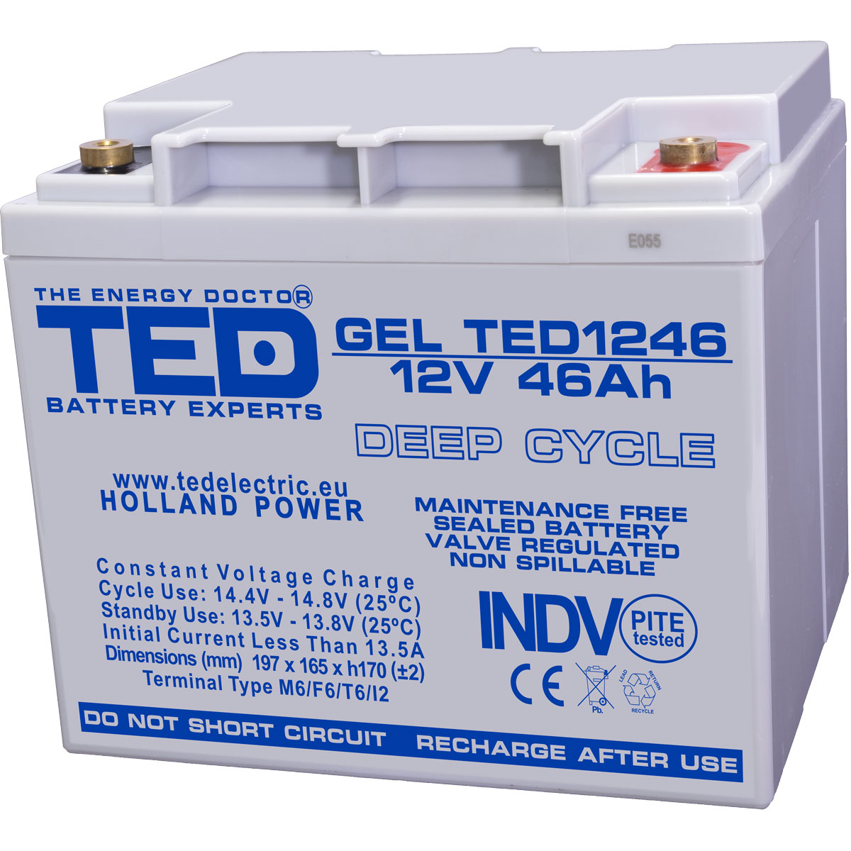 Acumulatori Stationari Etansi - Acumulator 12V GEL Deep Cycle, Dimensiuni 197 x 166 x 171 mm, Baterie 12V 46Ah M6, TED Electric TED003454, globstar.ro