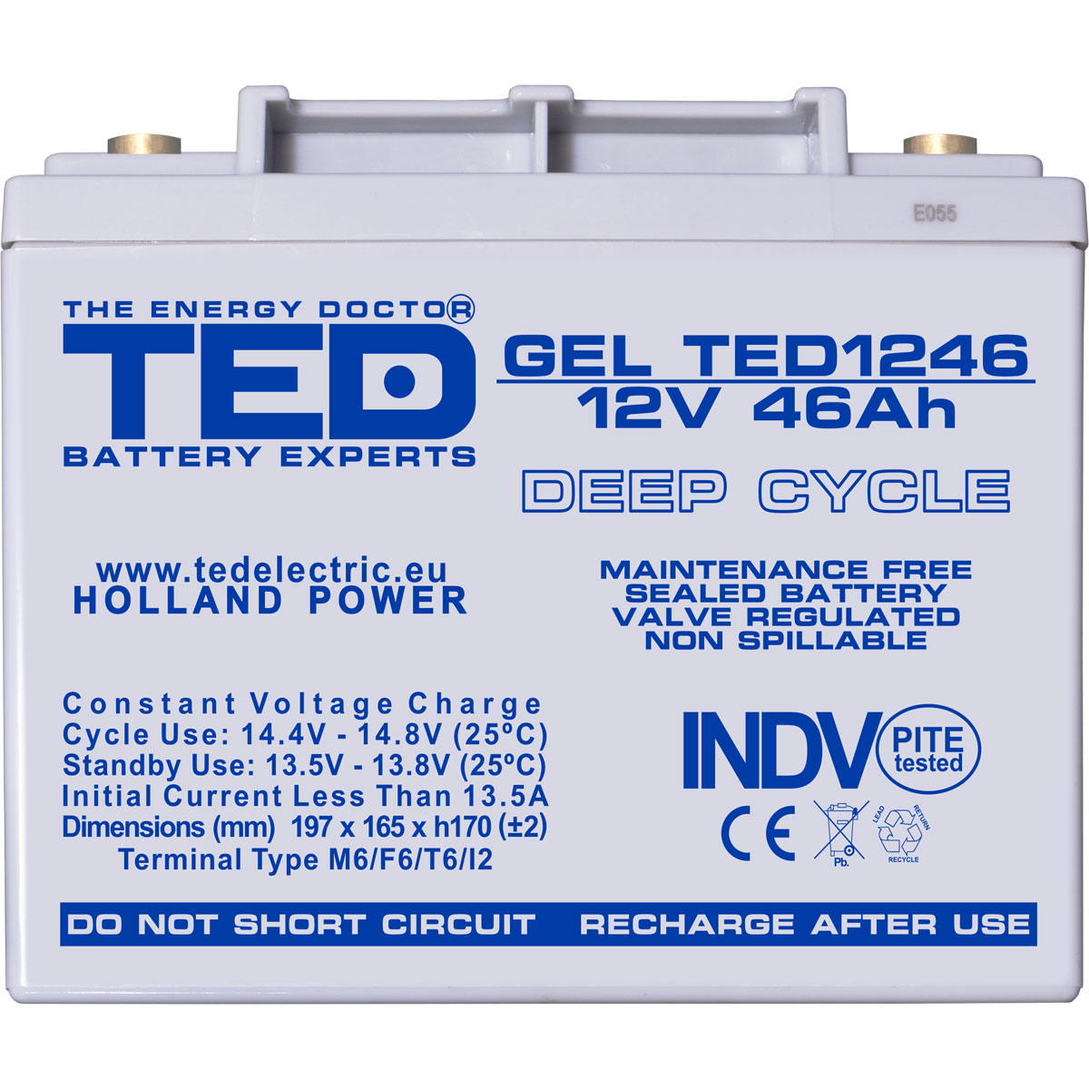 Acumulator 12V GEL Deep Cycle, Dimensiuni 197 x 166 x 171 mm, Baterie 12V 46Ah M6, TED Electric TED003454