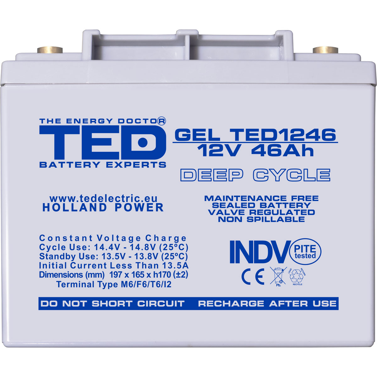Acumulator 12V GEL Deep Cycle, Dimensiuni 197 x 166 x 171 mm, Baterie 12V 46Ah M6, TED Electric TED003454