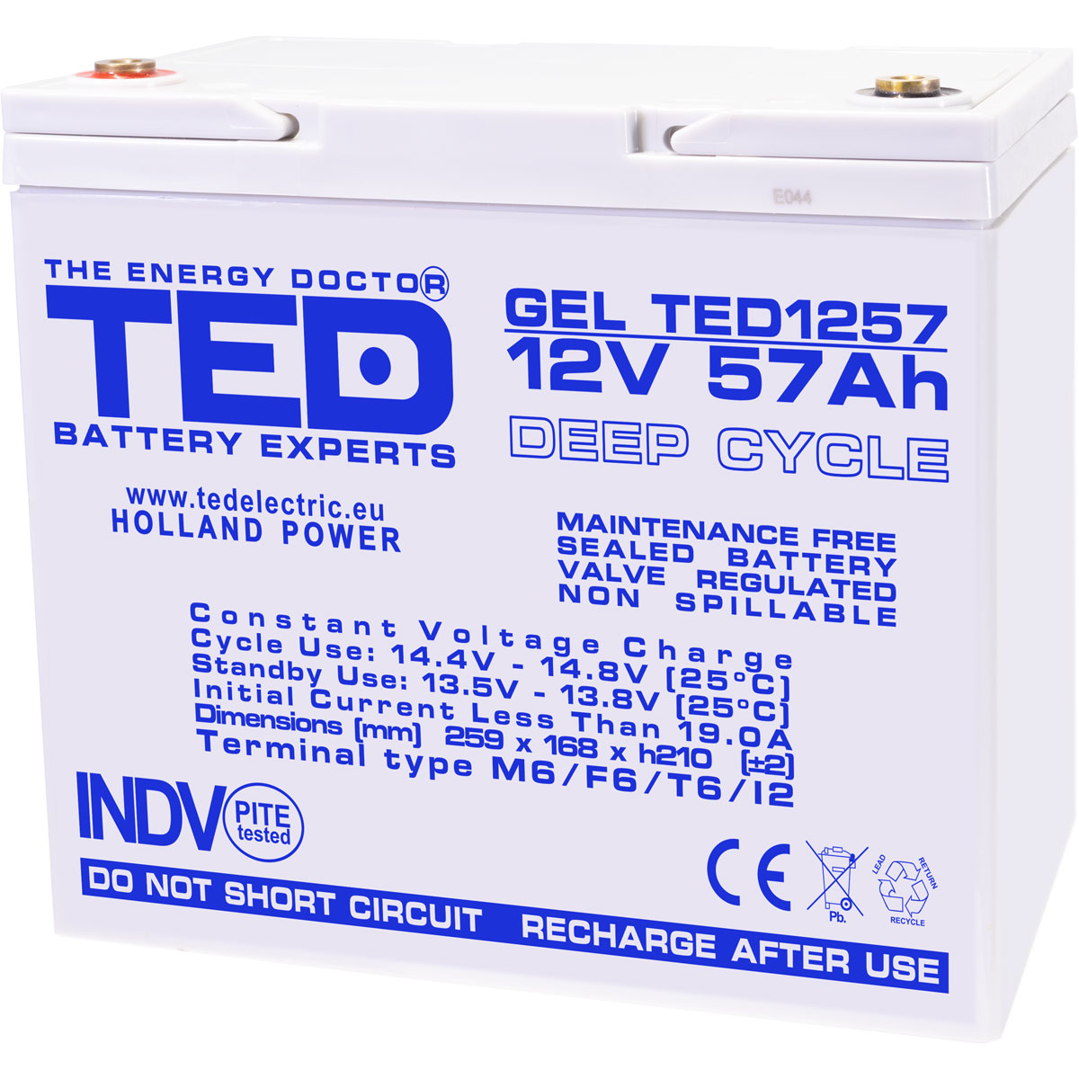 Acumulatori Stationari Etansi - Acumulator 12V GEL Deep Cycle, Dimensiuni 229 x 138 x 208 mm, Baterie 12V 57Ah M6, TED Electric TED003393, globstar.ro