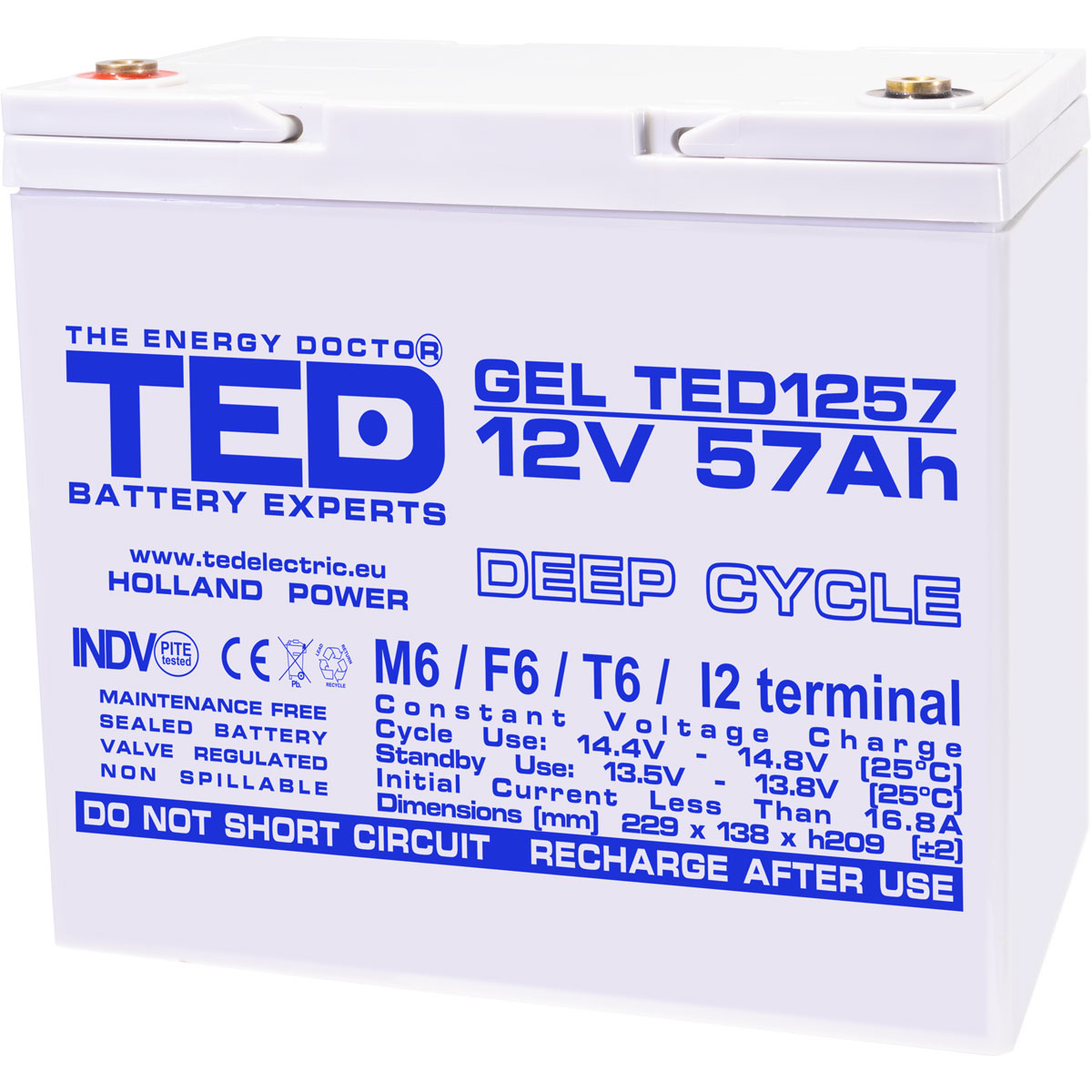 Acumulatori Stationari Etansi - Acumulator 12V GEL Deep Cycle, Dimensiuni 229 x 138 x 208 mm, Baterie 12V 57Ah M6, TED Electric TED003393, globstar.ro