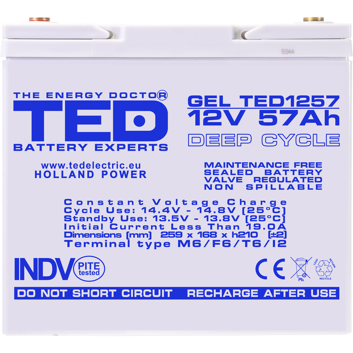 Acumulator 12V GEL Deep Cycle, Dimensiuni 229 x 138 x 208 mm, Baterie 12V 57Ah M6, TED Electric TED003393
