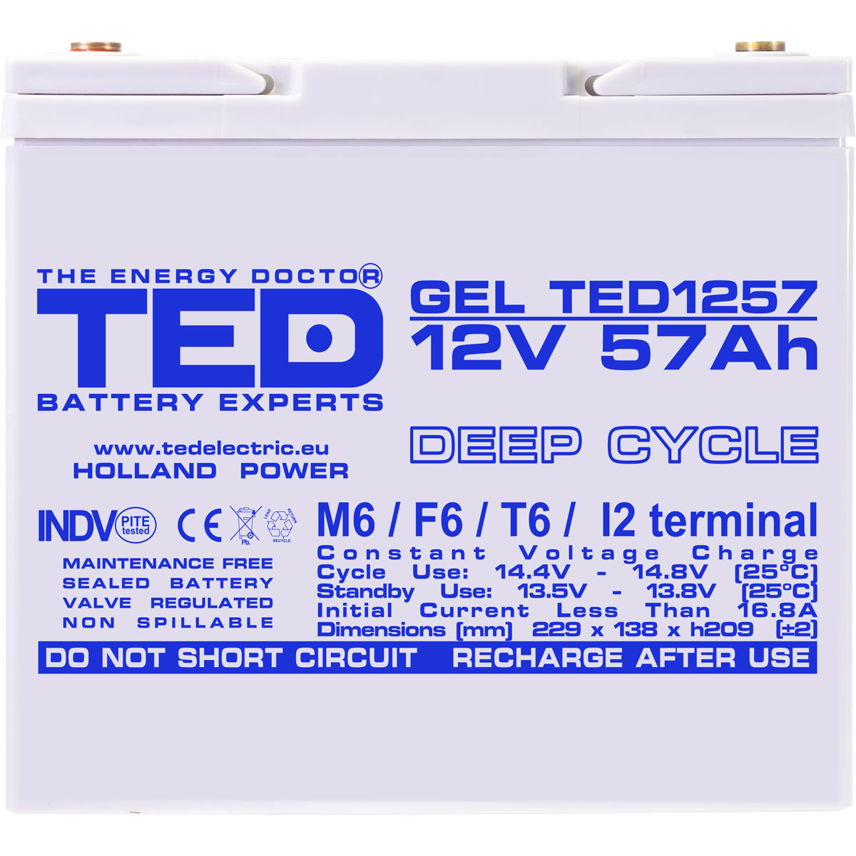 Acumulator 12V GEL Deep Cycle, Dimensiuni 229 x 138 x 208 mm, Baterie 12V 57Ah M6, TED Electric TED003393