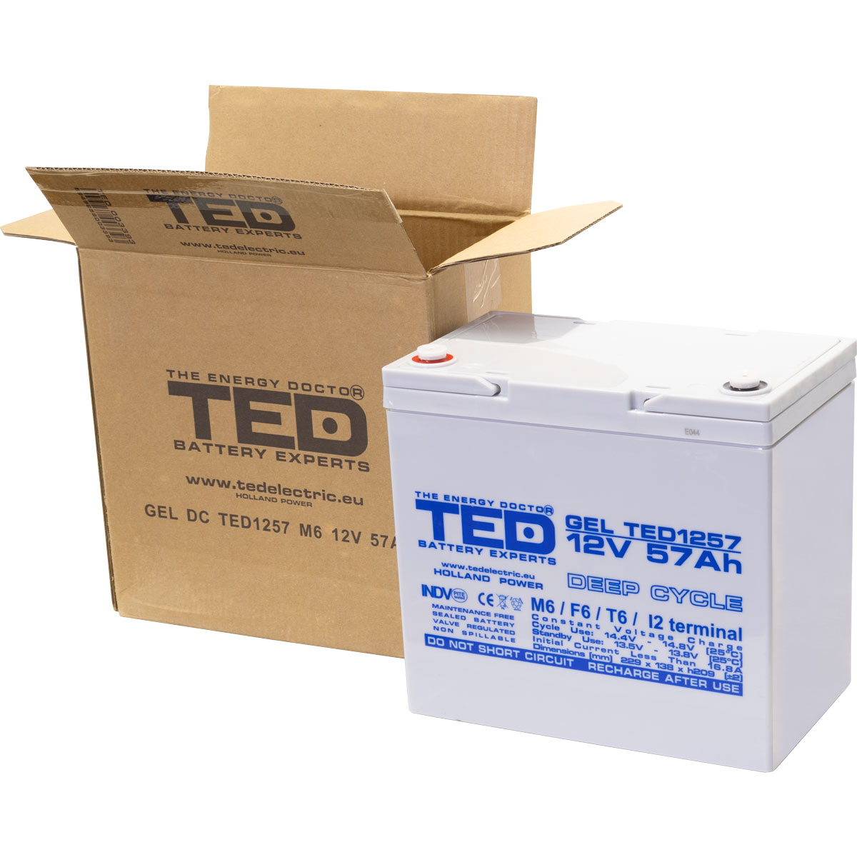 Acumulator 12V GEL Deep Cycle, Dimensiuni 229 x 138 x 208 mm, Baterie 12V 57Ah M6, TED Electric TED003393