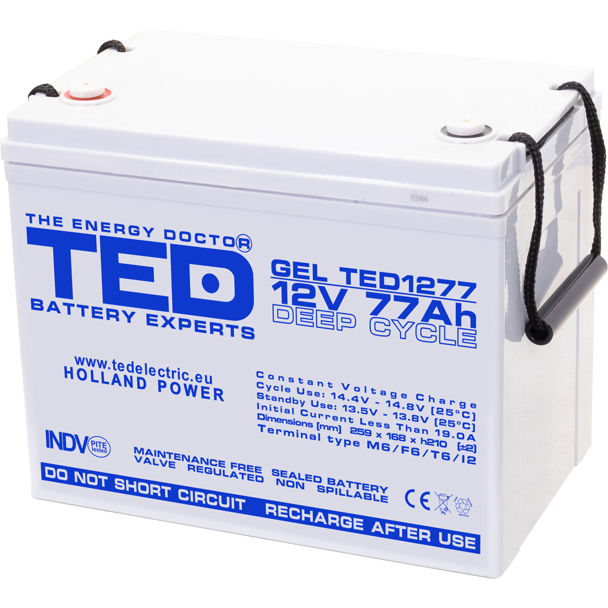 Acumulatori Stationari Etansi - Acumulator 12V GEL Deep Cycle, Dimensiuni 259 x 168 x 211 mm, Baterie 12V 77Ah M6, TED Electric TED003409, globstar.ro