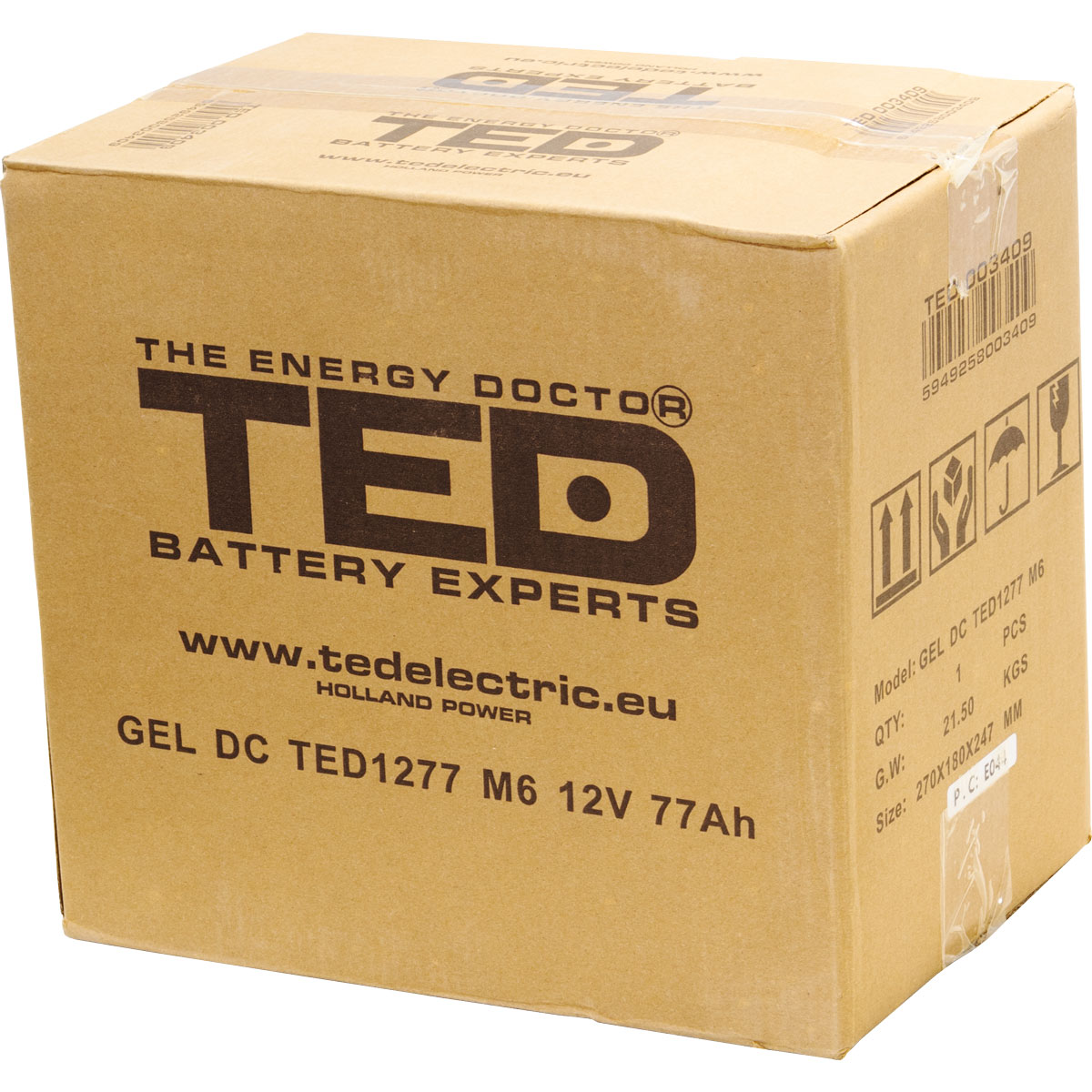 Acumulator 12V GEL Deep Cycle, Dimensiuni 259 x 168 x 211 mm, Baterie 12V 77Ah M6, TED Electric TED003409