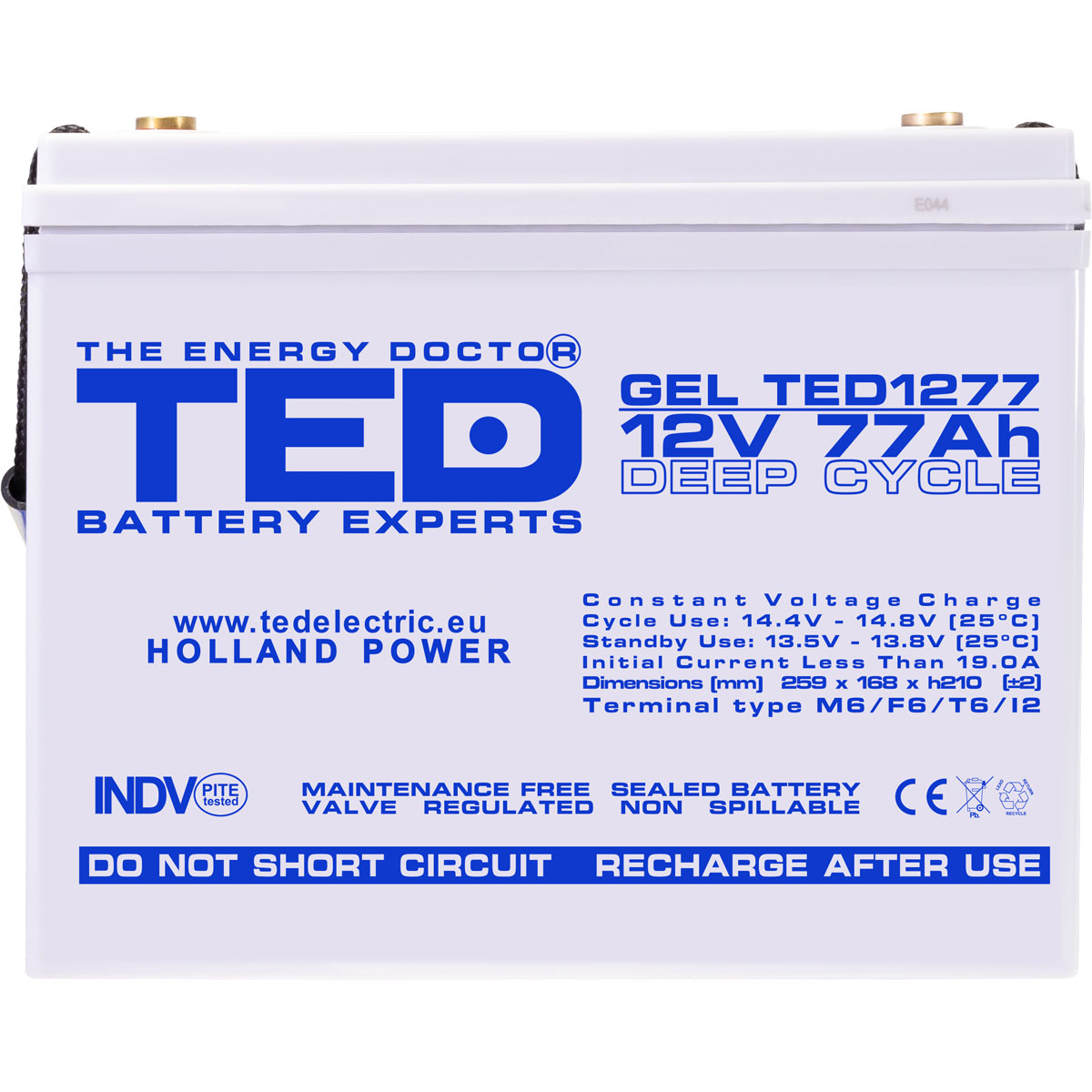 Acumulator 12V GEL Deep Cycle, Dimensiuni 259 x 168 x 211 mm, Baterie 12V 77Ah M6, TED Electric TED003409
