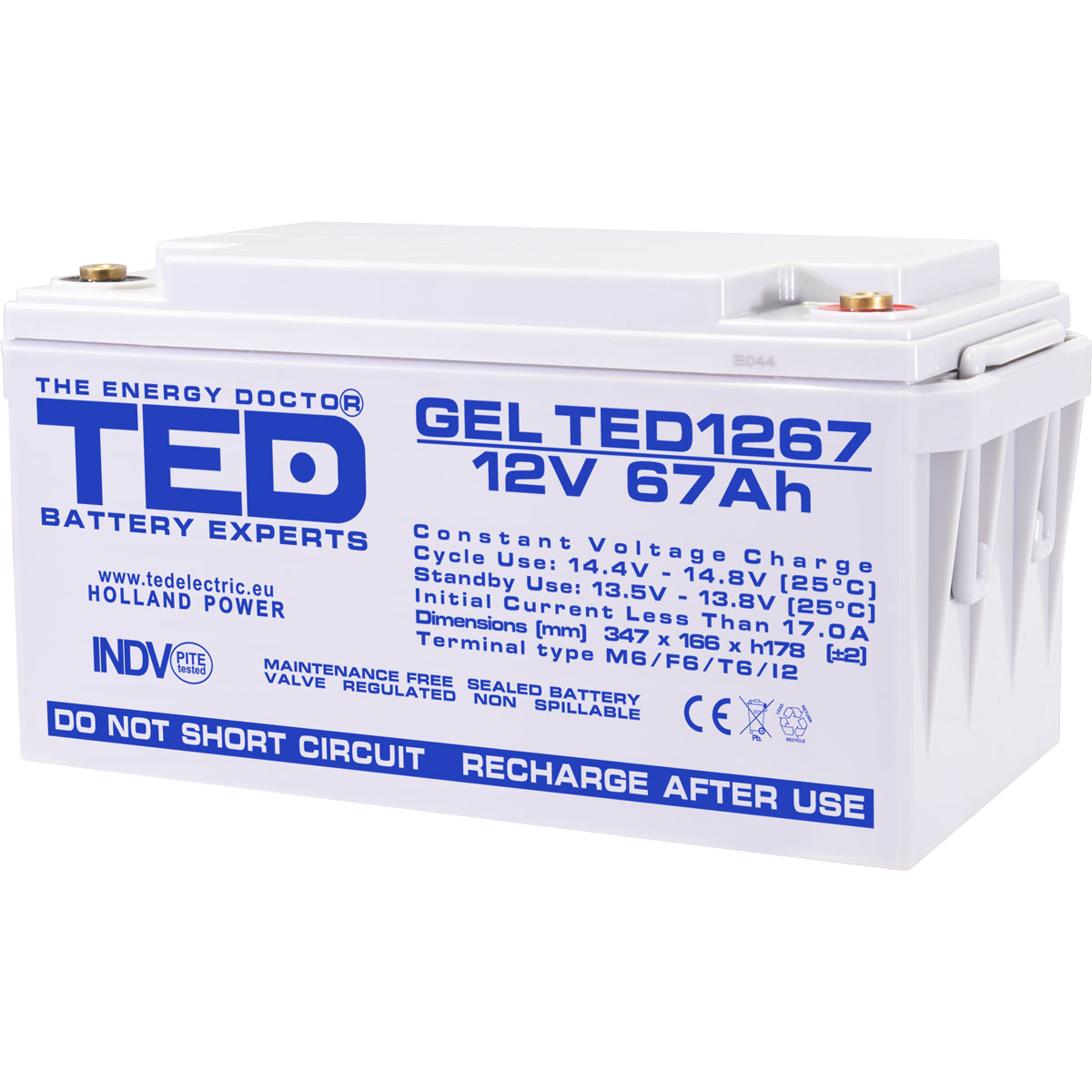 Acumulatori Stationari Etansi - Acumulator 12V GEL Deep Cycle, Dimensiuni 350 x 166 x 176 mm, Baterie 12V 67Ah M6, TED Electric TED003461, globstar.ro