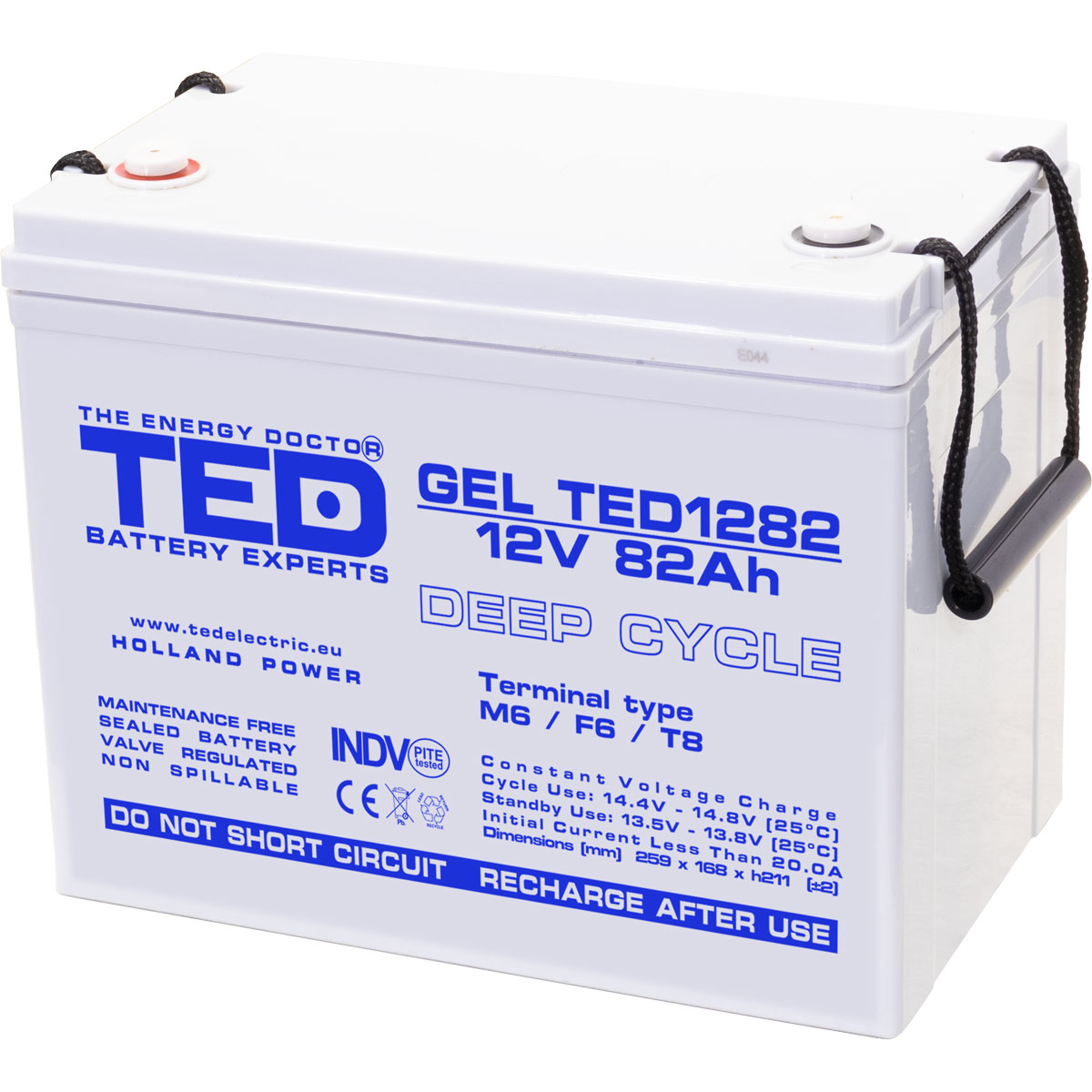 Acumulatori Stationari Etansi - Acumulator 12V GEL Deep Cycle Solar, Dimensiuni 259 x 168 x 211 mm, Baterie 12V 82Ah M6, TED Electric TED003478, globstar.ro