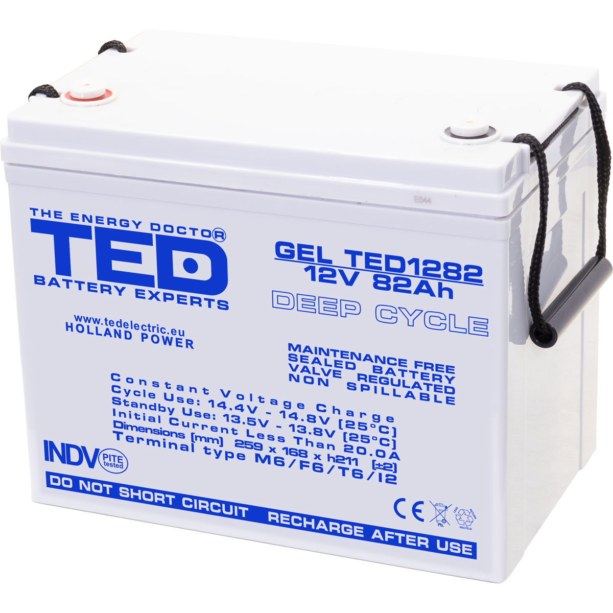 Acumulatori Stationari Etansi - Acumulator 12V GEL Deep Cycle Solar, Dimensiuni 259 x 168 x 211 mm, Baterie 12V 82Ah M6, TED Electric TED003478, globstar.ro