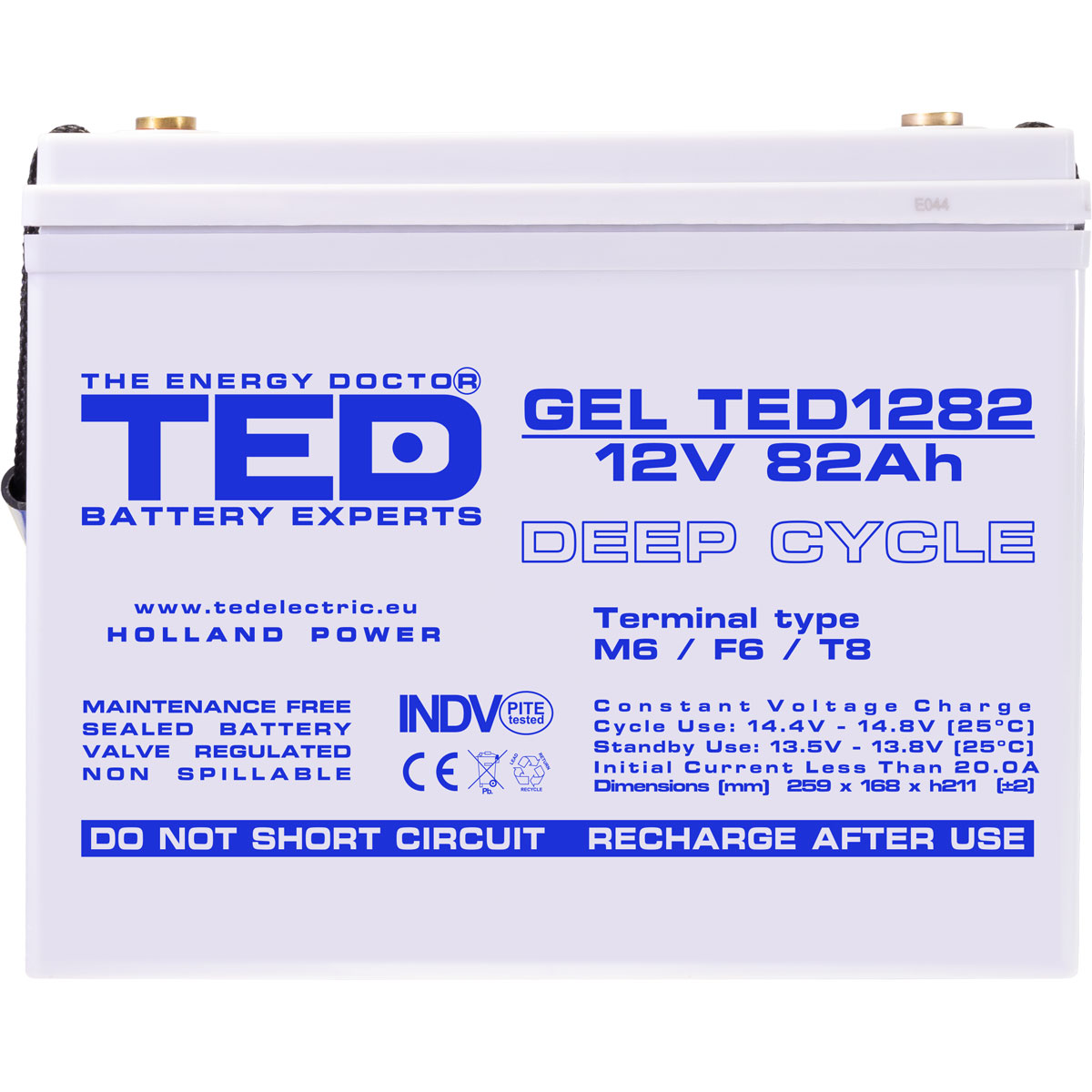 Acumulator 12V GEL Deep Cycle Solar, Dimensiuni 259 x 168 x 211 mm, Baterie 12V 82Ah M6, TED Electric TED003478