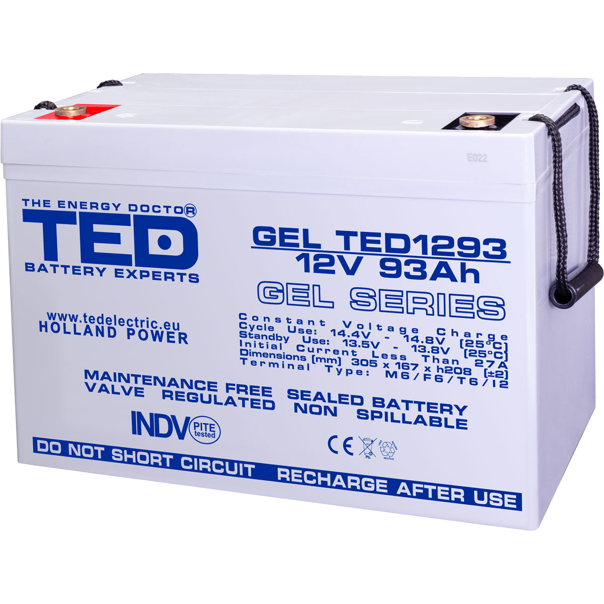 Acumulatori Stationari Etansi - Acumulator 12V GEL Deep Cycle Solar, Dimensiuni 305 x 167 x 208 mm, Baterie 12V 93Ah M8, TED Electric TED003485, globstar.ro