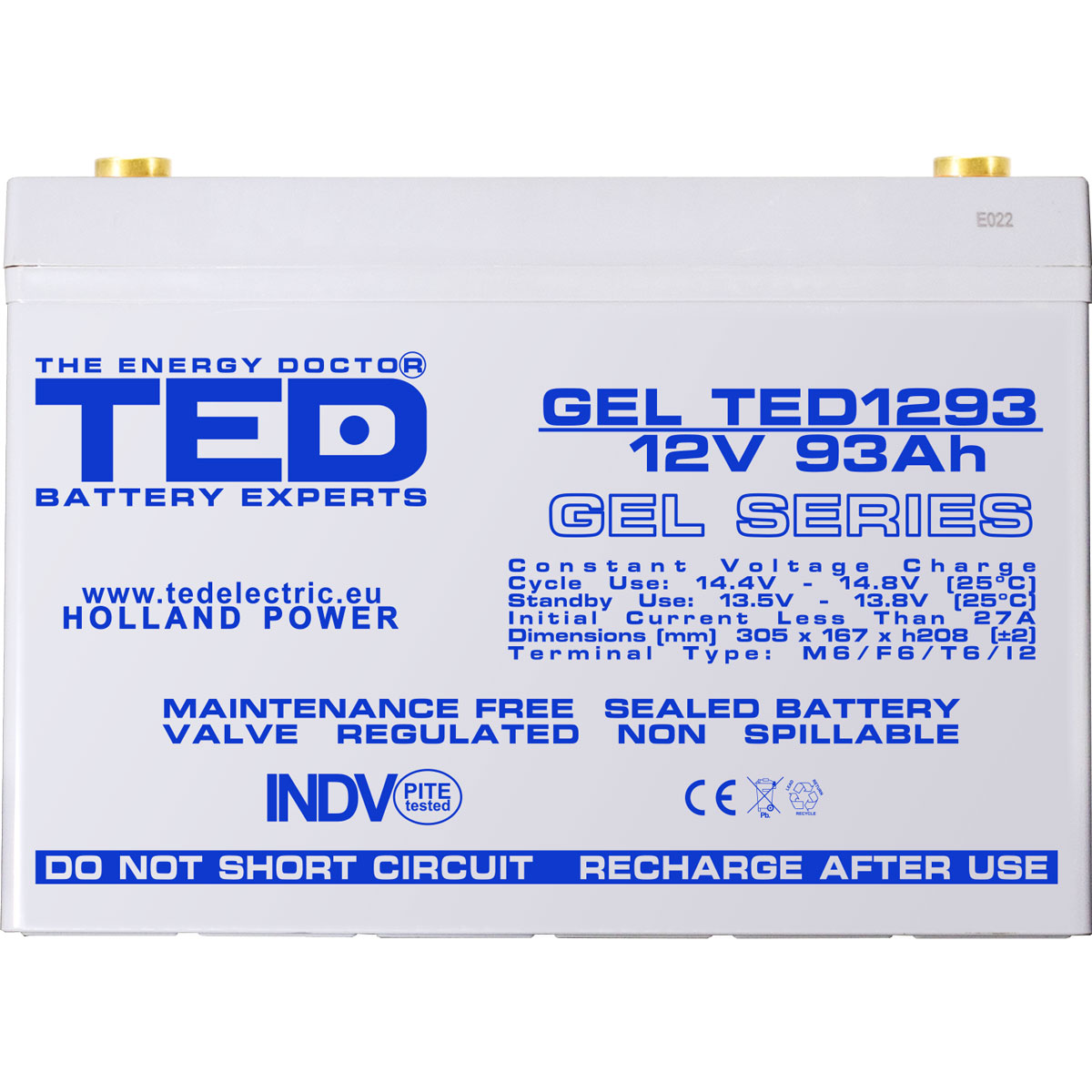 Acumulator 12V GEL Deep Cycle Solar, Dimensiuni 305 x 167 x 208 mm, Baterie 12V 93Ah M8, TED Electric TED003485