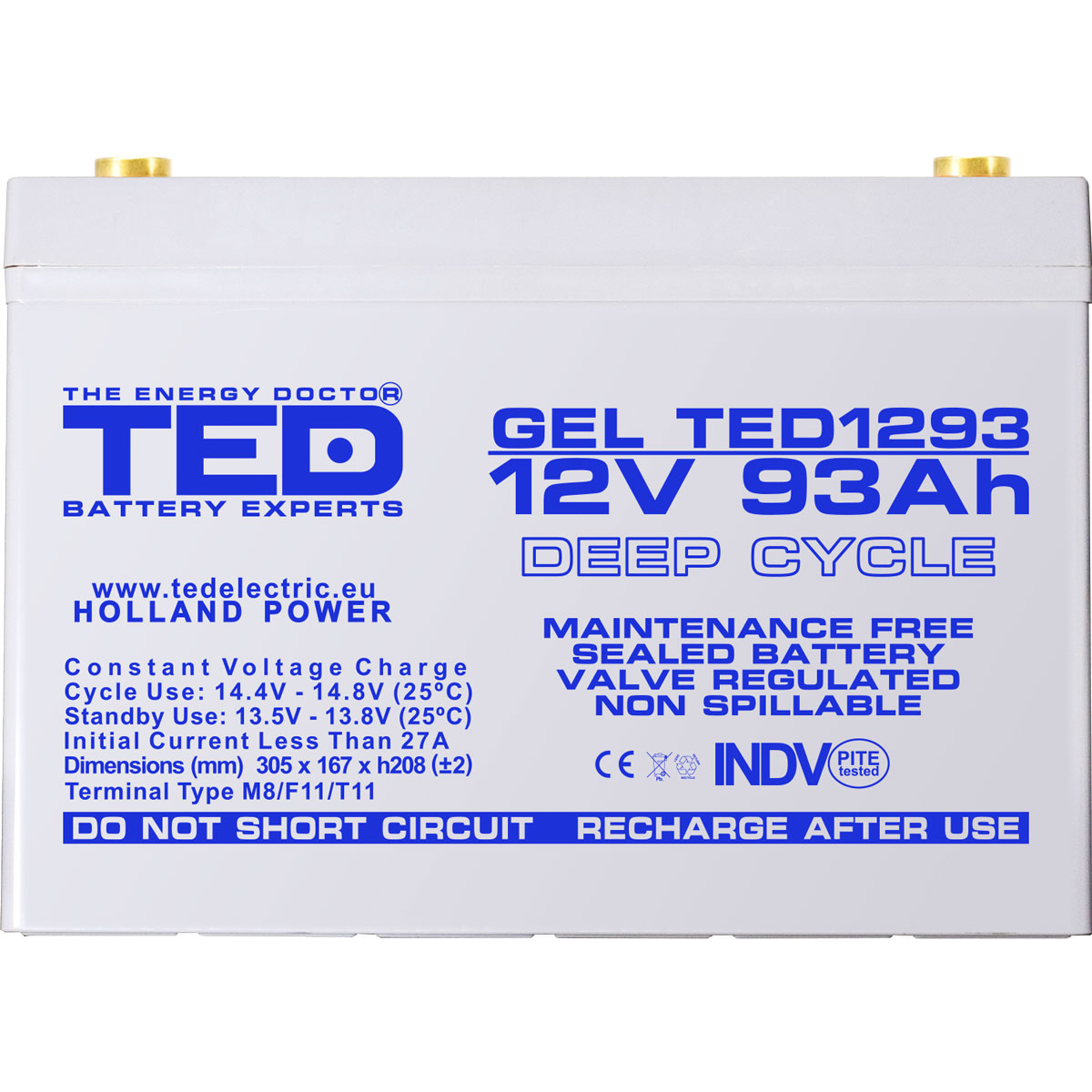 Acumulator 12V GEL Deep Cycle Solar, Dimensiuni 305 x 167 x 208 mm, Baterie 12V 93Ah M8, TED Electric TED003485