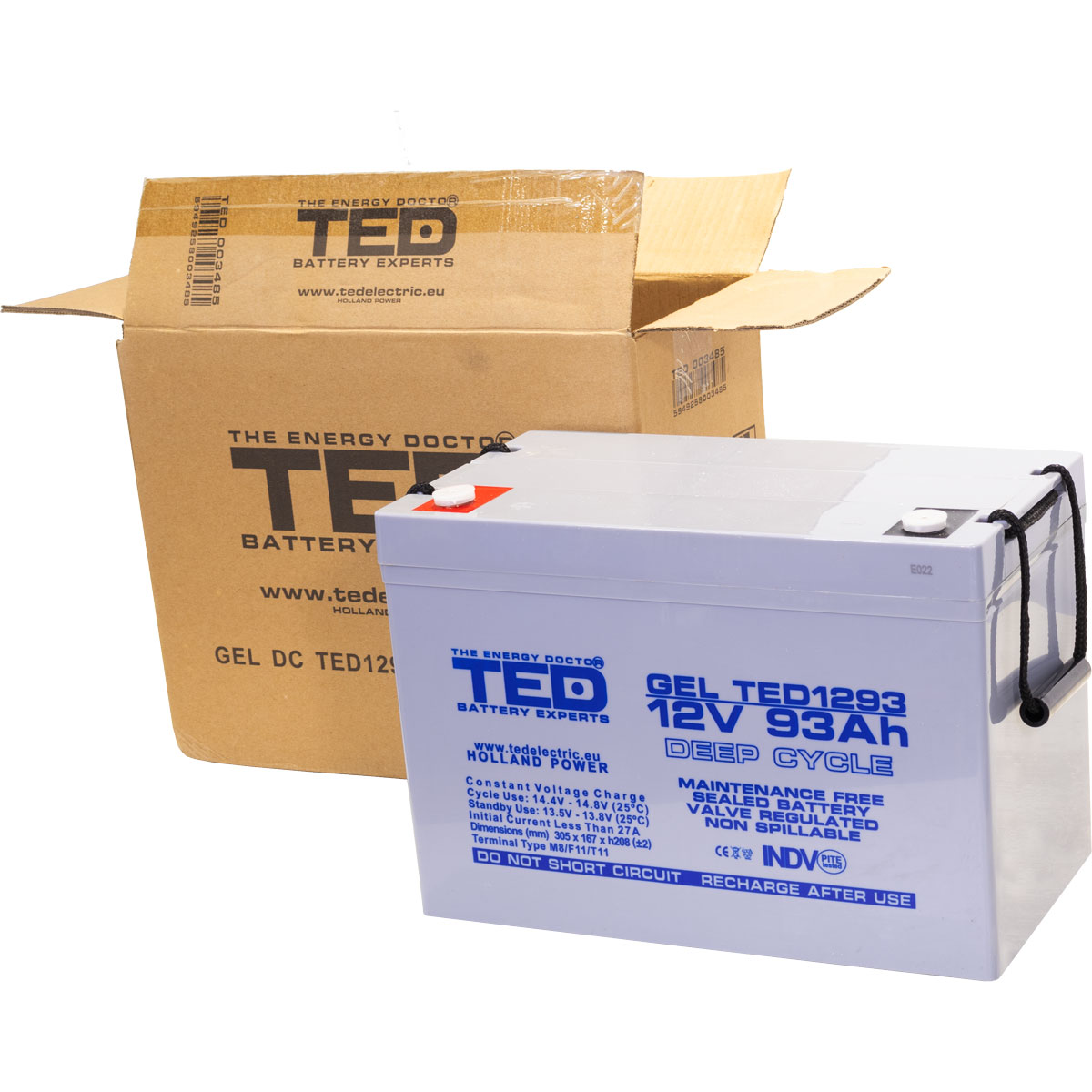 Acumulator 12V GEL Deep Cycle Solar, Dimensiuni 305 x 167 x 208 mm, Baterie 12V 93Ah M8, TED Electric TED003485