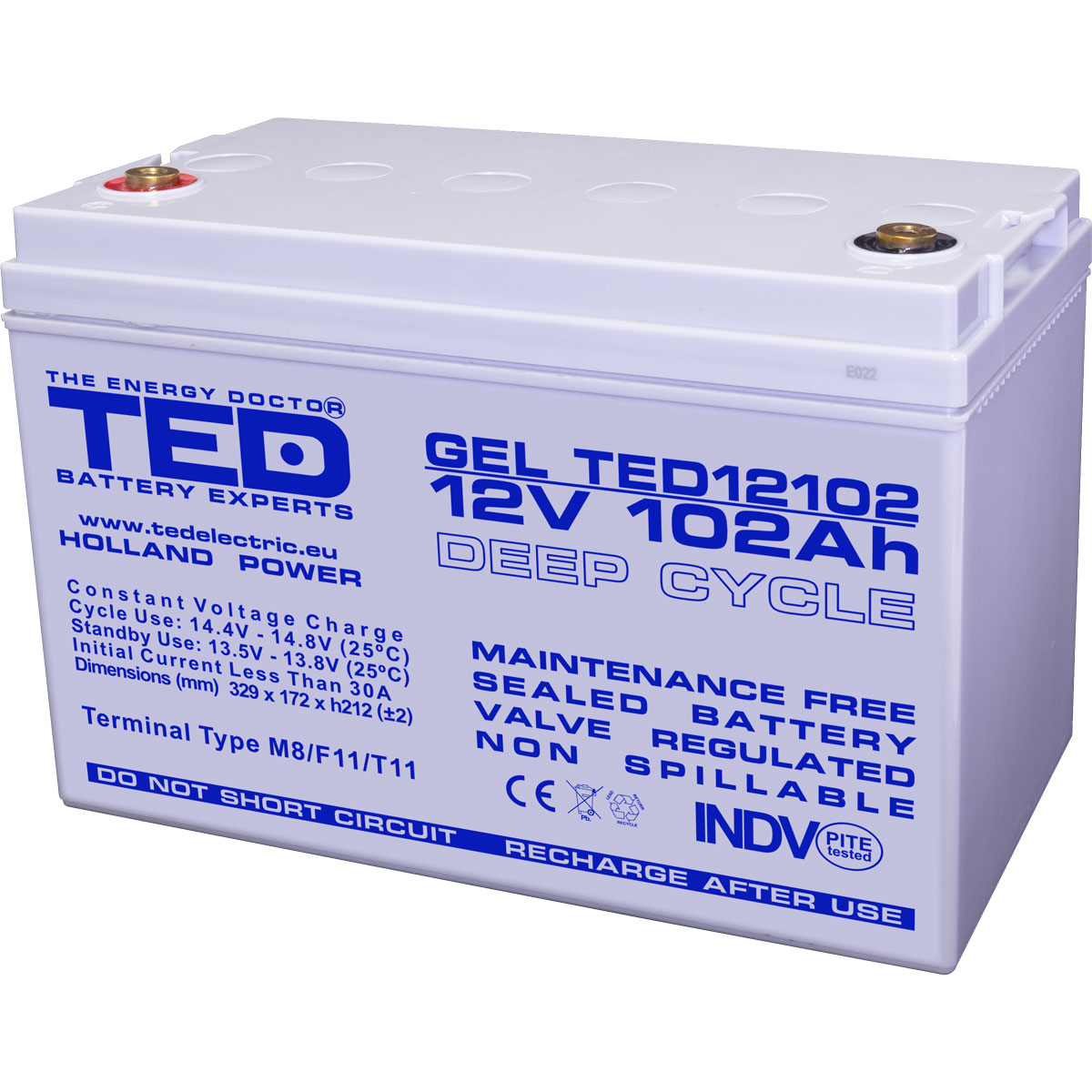 Acumulatori Stationari Etansi - Acumulator 12V GEL Deep Cycle Solar, Dimensiuni 331 x 173 x 213 mm, Baterie 12V 102Ah M8, TED Electric TED003492, globstar.ro