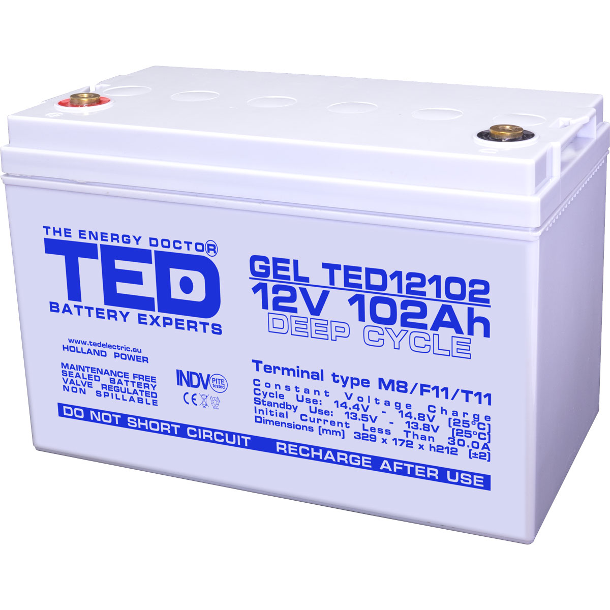 Acumulatori Stationari Etansi - Acumulator 12V GEL Deep Cycle Solar, Dimensiuni 331 x 173 x 213 mm, Baterie 12V 102Ah M8, TED Electric TED003492, globstar.ro