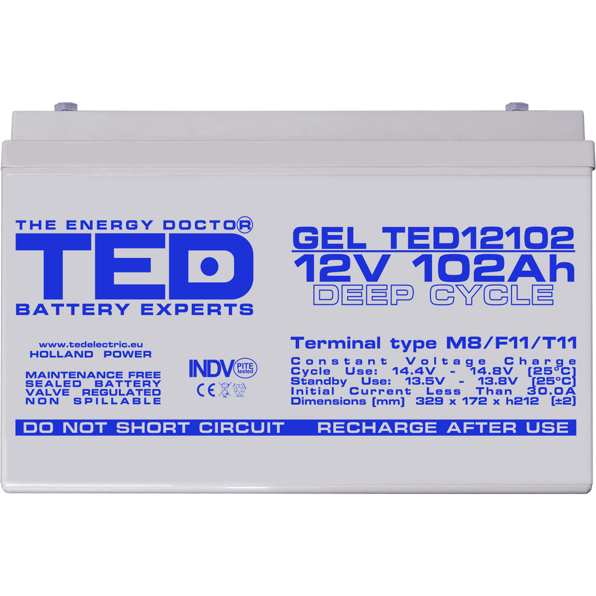 Acumulator 12V GEL Deep Cycle Solar, Dimensiuni 331 x 173 x 213 mm, Baterie 12V 102Ah M8, TED Electric TED003492