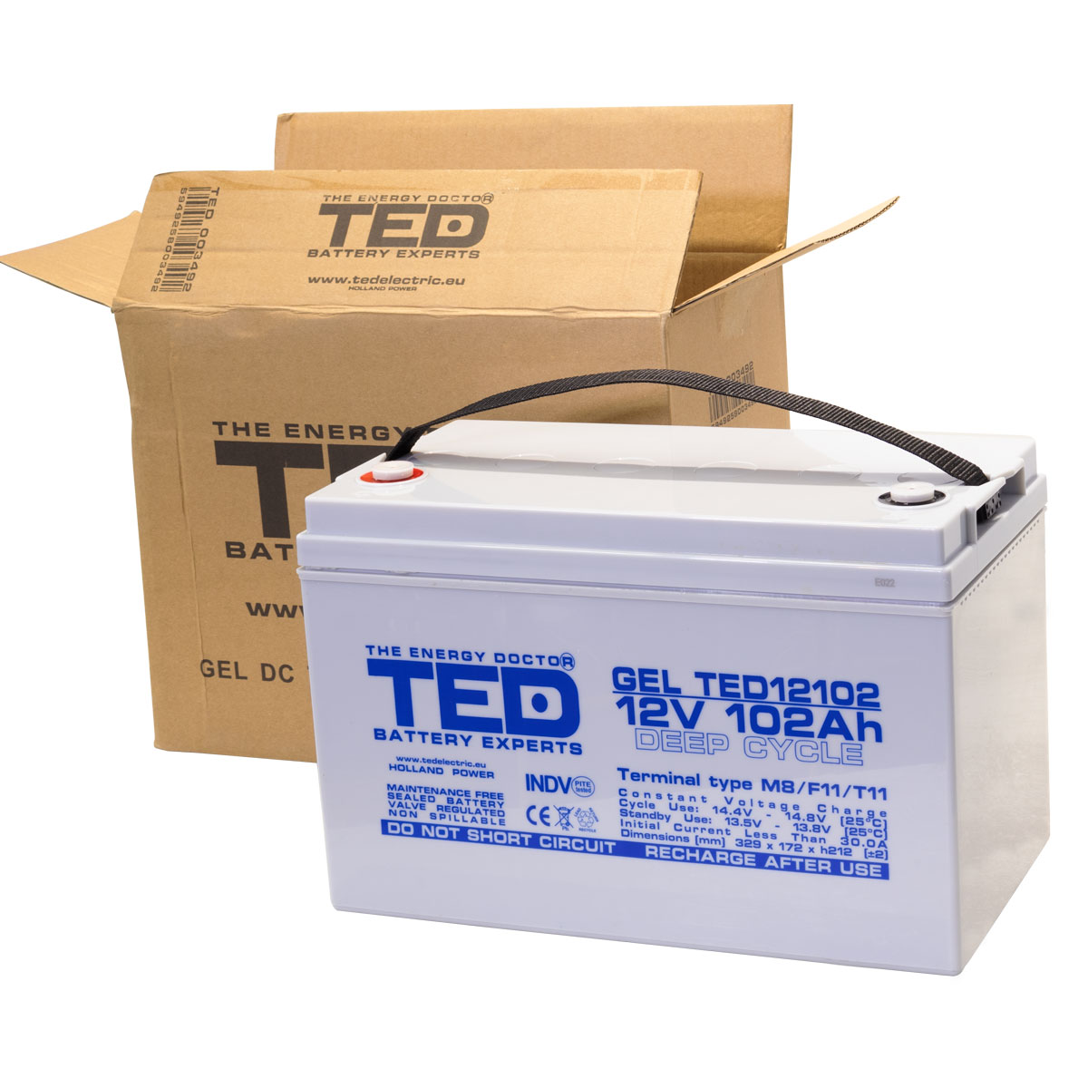 Acumulator 12V GEL Deep Cycle Solar, Dimensiuni 331 x 173 x 213 mm, Baterie 12V 102Ah M8, TED Electric TED003492
