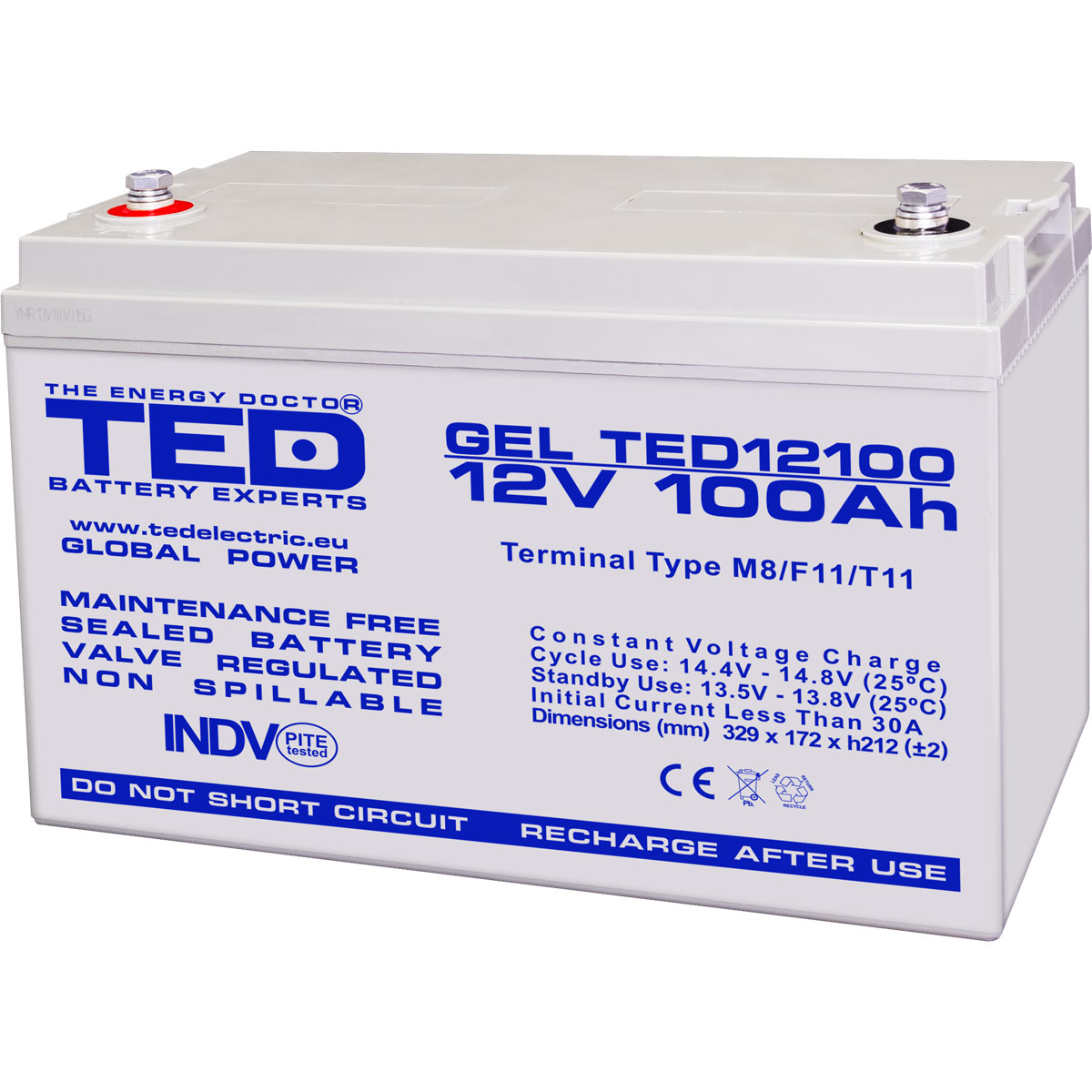 Acumulatori Stationari Etansi - Acumulator 12V GEL Deep Cycle Solar, Dimensiuni 330 x 173 x 212 mm, Baterie 12V 100Ah M8, TED Electric TED004147, globstar.ro