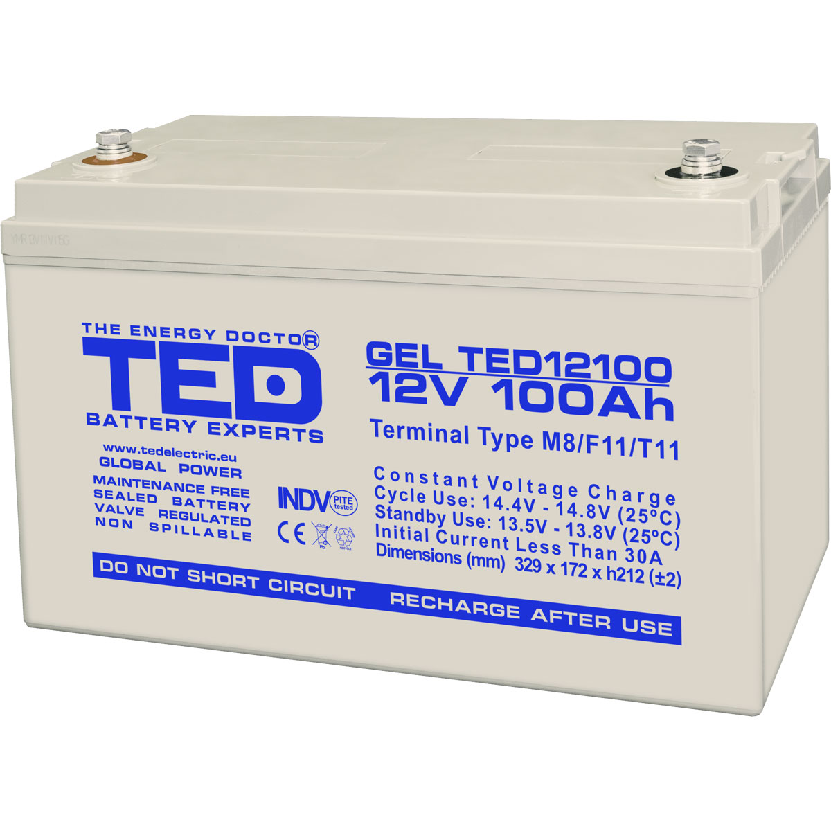 Acumulatori Stationari Etansi - Acumulator 12V GEL Deep Cycle Solar, Dimensiuni 330 x 173 x 212 mm, Baterie 12V 100Ah M8, TED Electric TED004147, globstar.ro