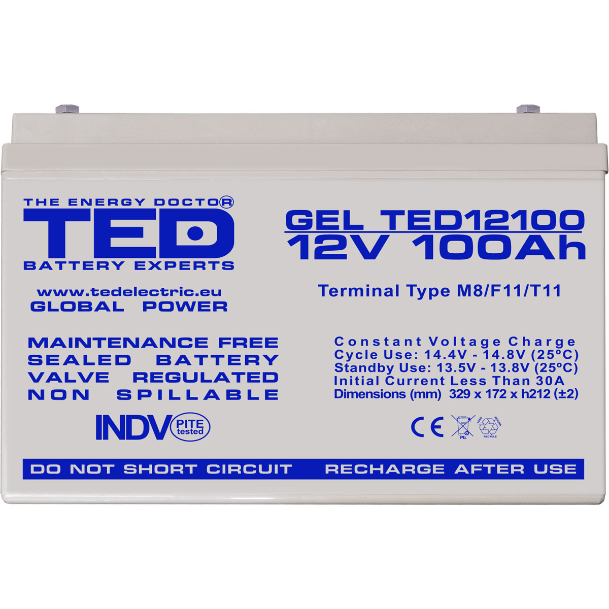 Acumulator 12V GEL Deep Cycle Solar, Dimensiuni 330 x 173 x 212 mm, Baterie 12V 100Ah M8, TED Electric TED004147