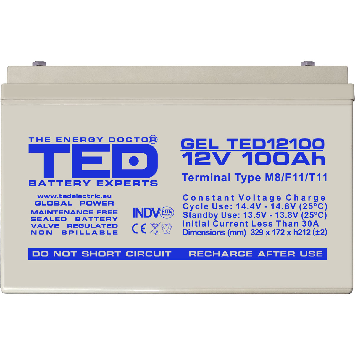 Acumulator 12V GEL Deep Cycle Solar, Dimensiuni 330 x 173 x 212 mm, Baterie 12V 100Ah M8, TED Electric TED004147
