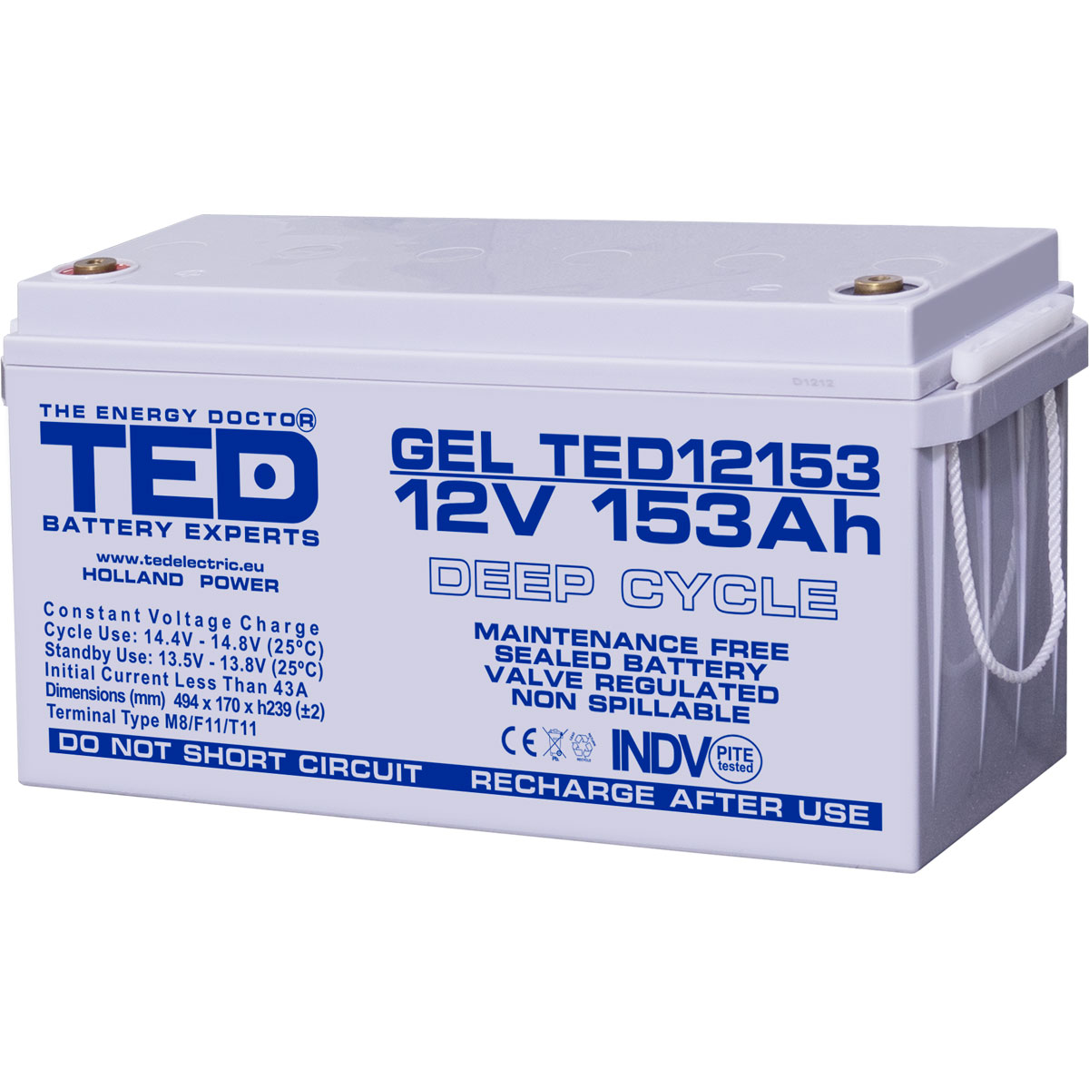Acumulatori Stationari Etansi - Acumulator 12V GEL Deep Cycle Solar, Dimensiuni 483 x 170 x 240 mm, Baterie 12V 153Ah M8, TED Electric TED003515, globstar.ro