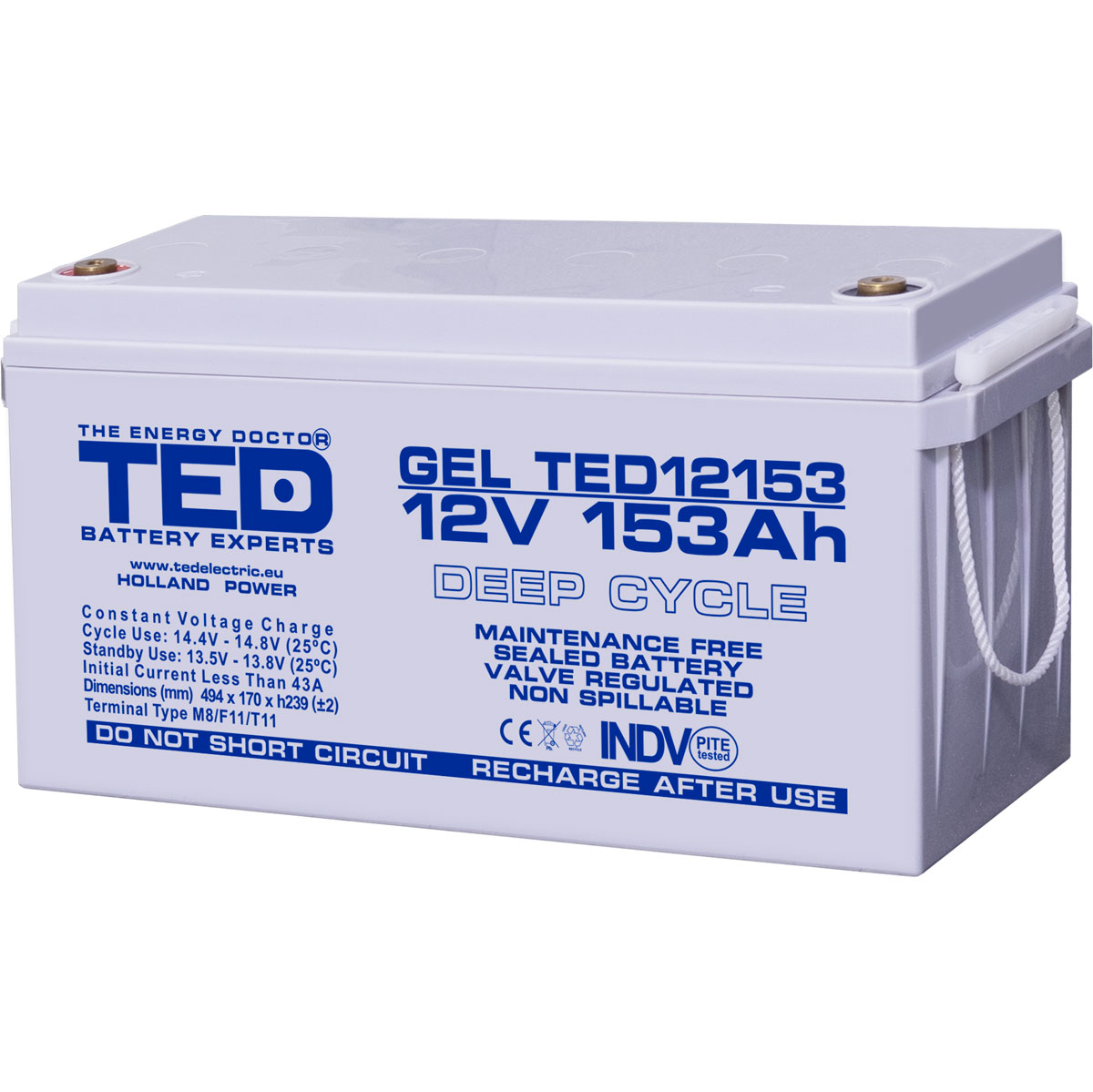 Acumulatori Stationari Etansi - Acumulator 12V GEL Deep Cycle Solar, Dimensiuni 483 x 170 x 240 mm, Baterie 12V 153Ah M8, TED Electric TED003515, globstar.ro