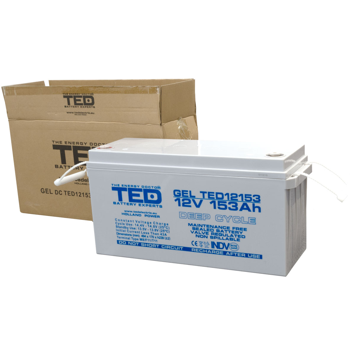 Acumulator 12V GEL Deep Cycle Solar, Dimensiuni 483 x 170 x 240 mm, Baterie 12V 153Ah M8, TED Electric TED003515