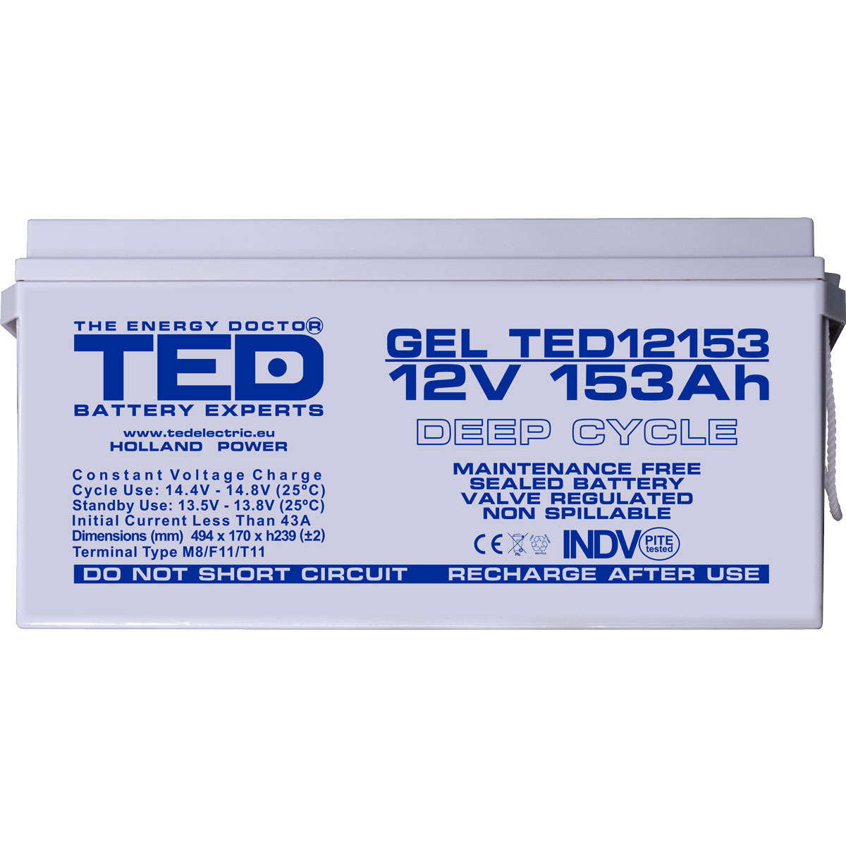 Acumulator 12V GEL Deep Cycle Solar, Dimensiuni 483 x 170 x 240 mm, Baterie 12V 153Ah M8, TED Electric TED003515