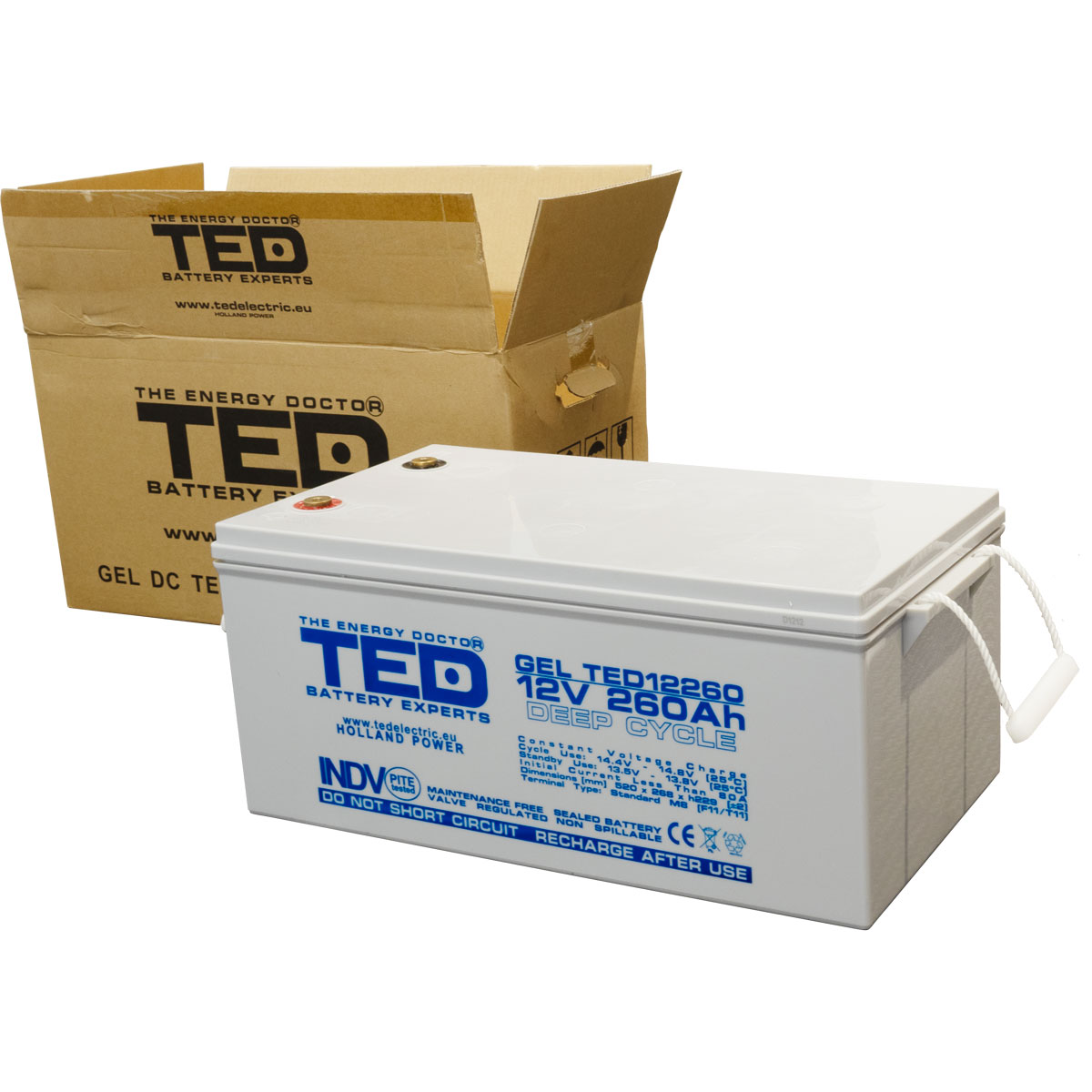 Acumulator 12V GEL Deep Cycle Solar, Dimensiuni 520 x 268 x 220 mm, Baterie 12V 260Ah M8, TED Electric TED003539